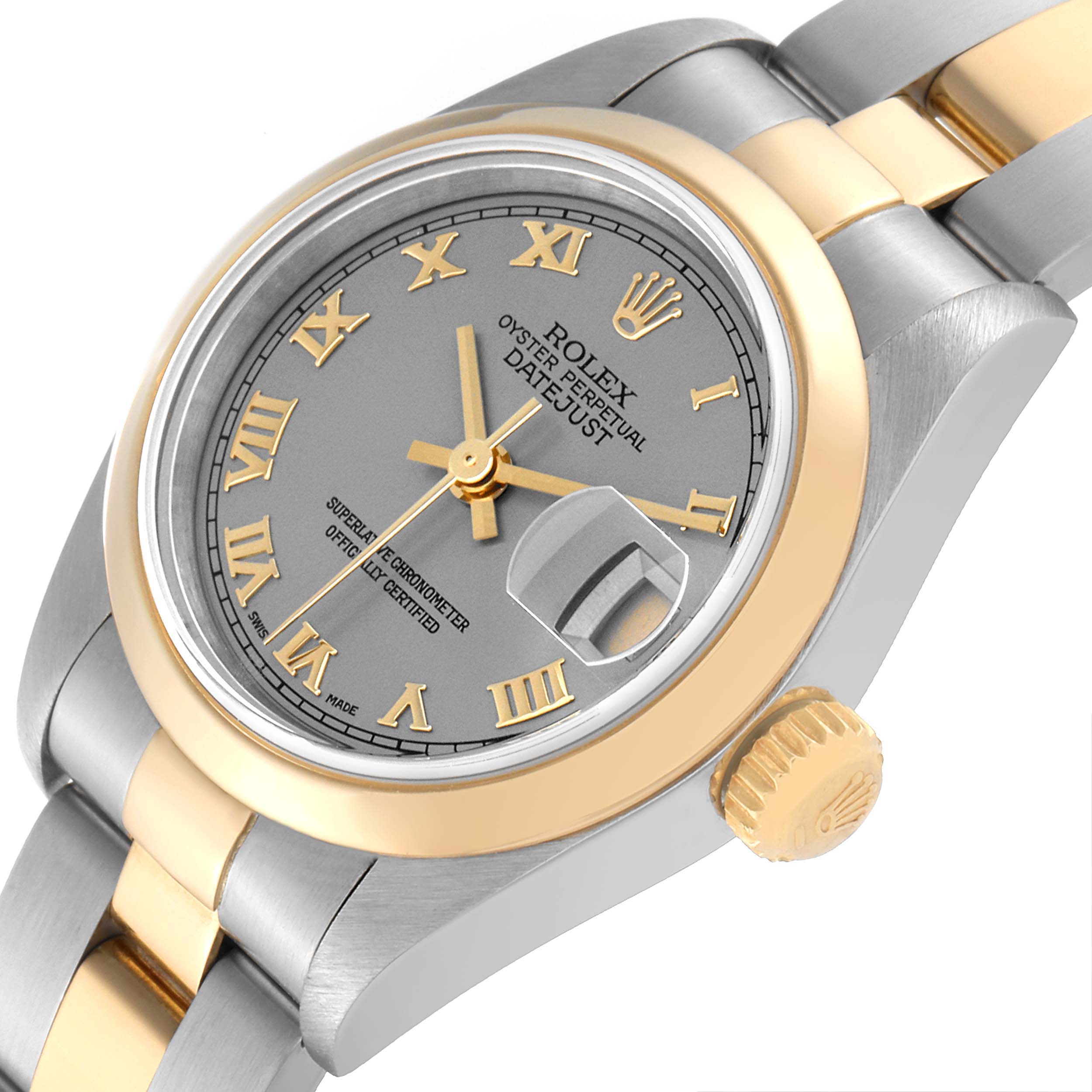 The Rolex Datejust 79163 Women
s Steel and Gold (two tone) Grey Dial 79163 Women
s Steel and Gold (two tone) Grey Dial watch is shown at an angled view, highlighting the gray dial, date window, crown, and two-tone bracelet.