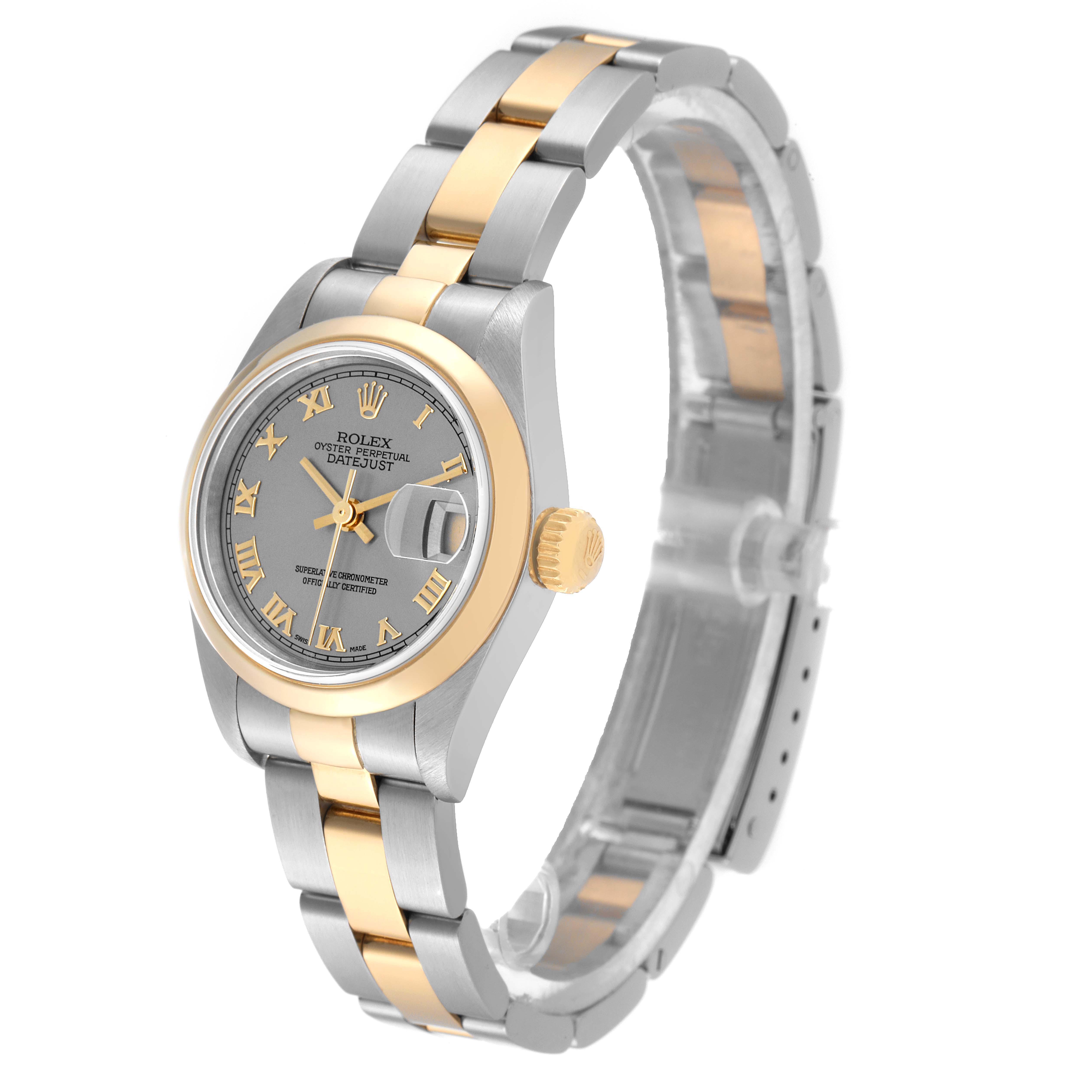 The Rolex Datejust 79163 Women
s Steel and Gold (two tone) Grey Dial 79163 Women
s Steel and Gold (two tone) Grey Dial watch is shown at a slight angle, displaying the front face, crown, bezel, and bracelet.