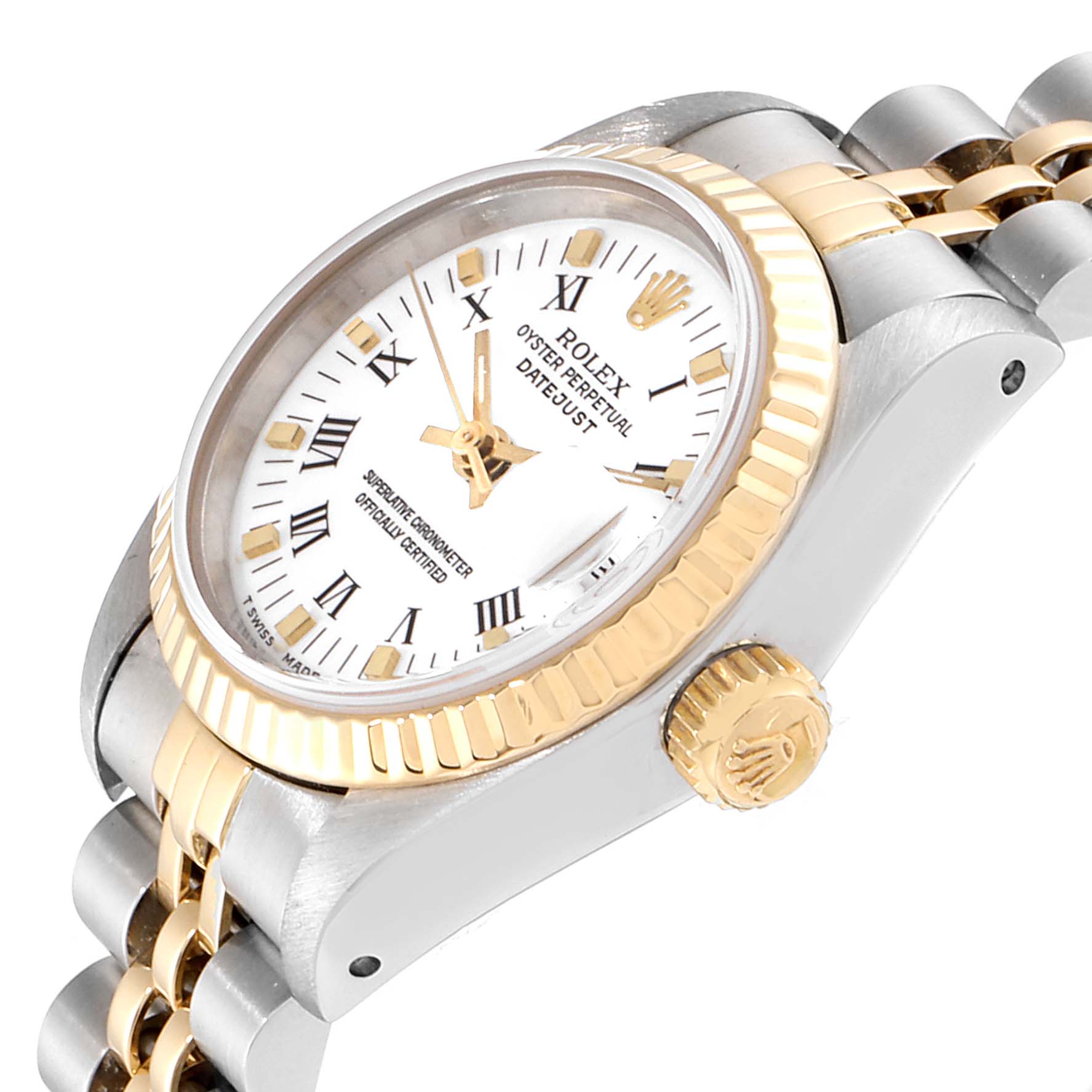 The image shows a close-up angle of a Rolex Datejust 69173 Women's Steel and Gold (two tone) White Dial 69173 Women's Steel and Gold (two tone) White Dial watch, highlighting the face, bezel, and crown, as well as part of the bracelet.