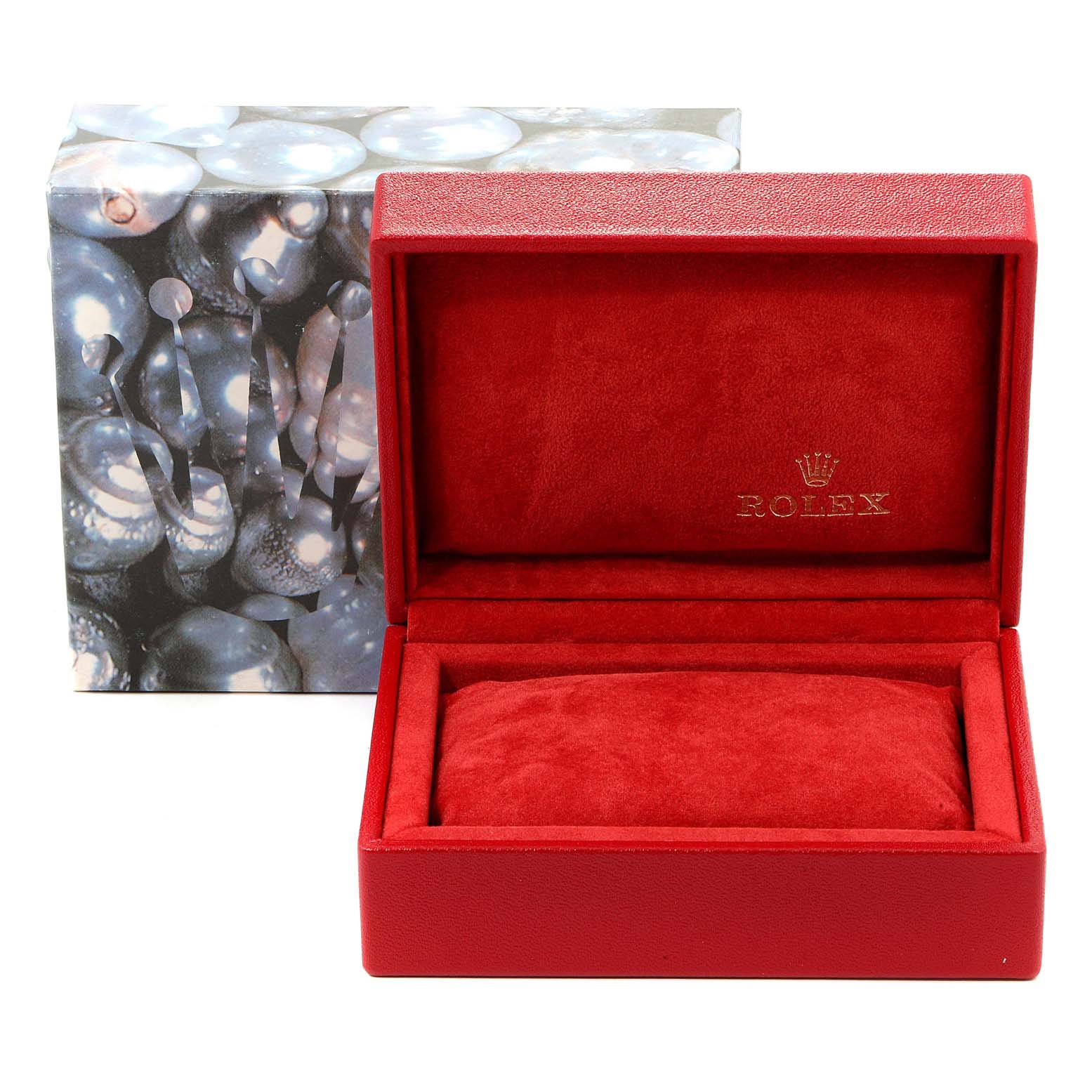 The image shows an open red Rolex Datejust 69173 Women's Steel and Gold (two tone) White Dial 69173 Women's Steel and Gold (two tone) White Dial watch box and its outer packaging.