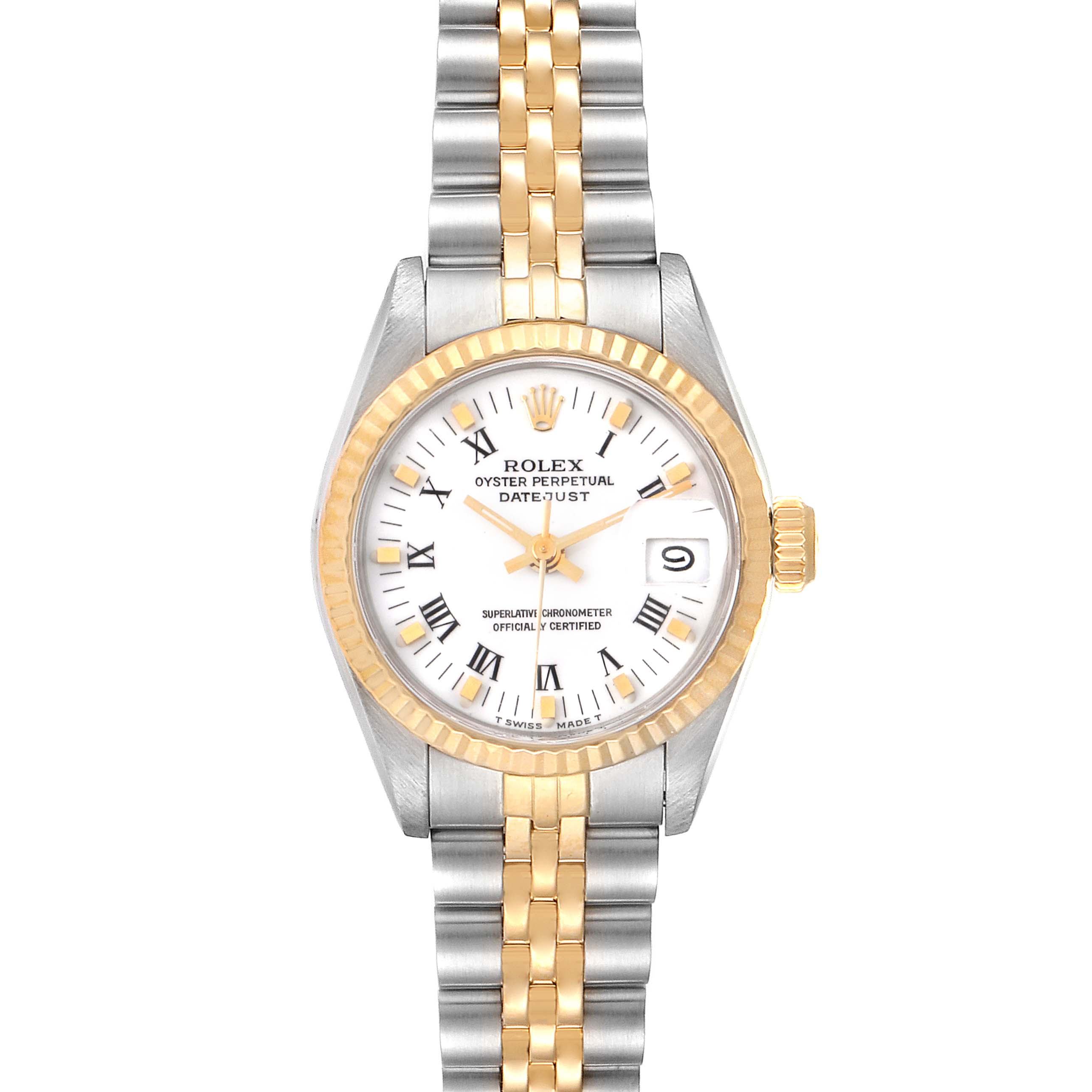 The image shows a front view of a Rolex Datejust 69173 Women's Steel and Gold (two tone) White Dial 69173 Women's Steel and Gold (two tone) White Dial watch, displaying the dial, bezel, crown, and two-tone bracelet.