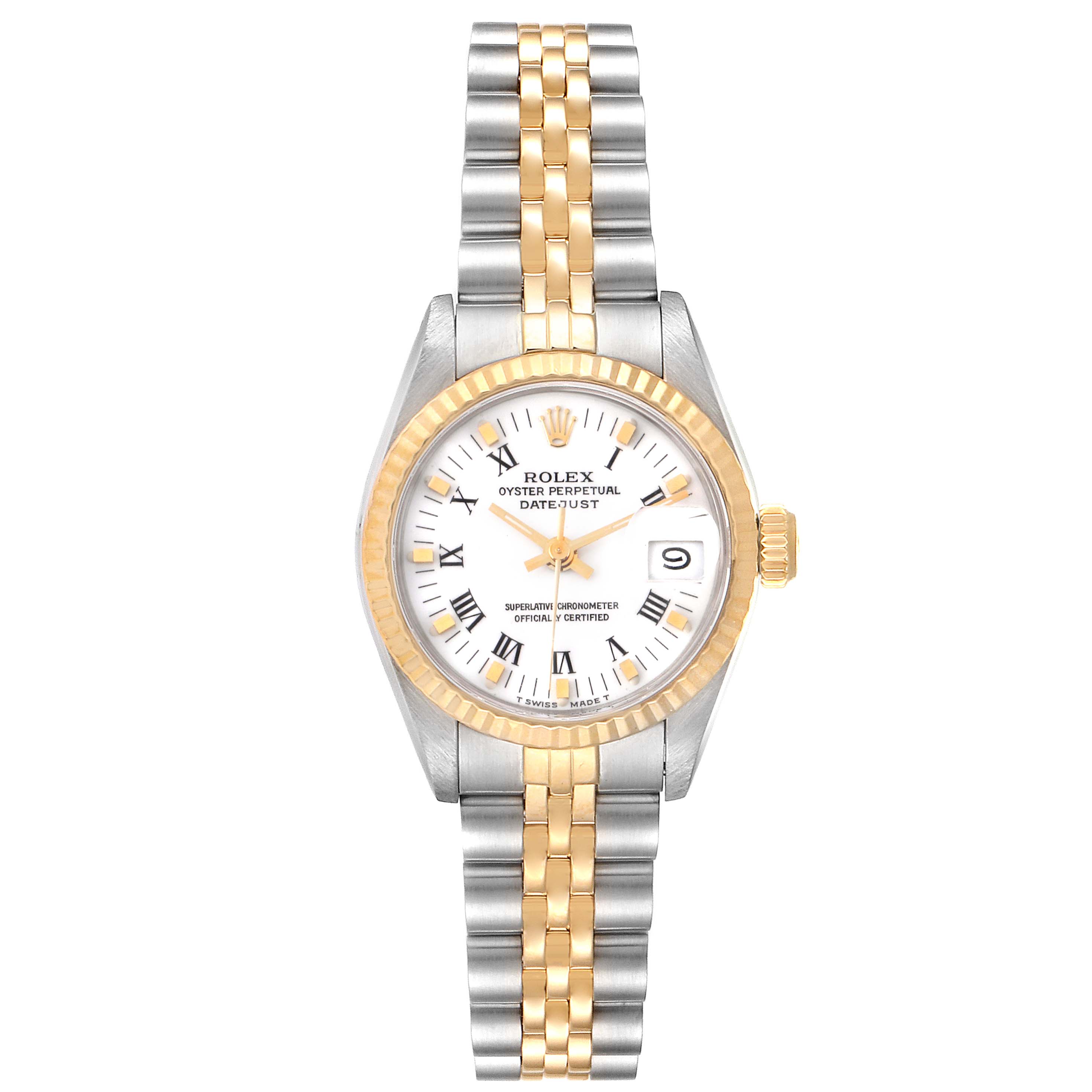 This image shows a front view of the Rolex Datejust 69173 Women's Steel and Gold (two tone) White Dial 69173 Women's Steel and Gold (two tone) White Dial watch displaying its dial, bezel, and two-tone bracelet.