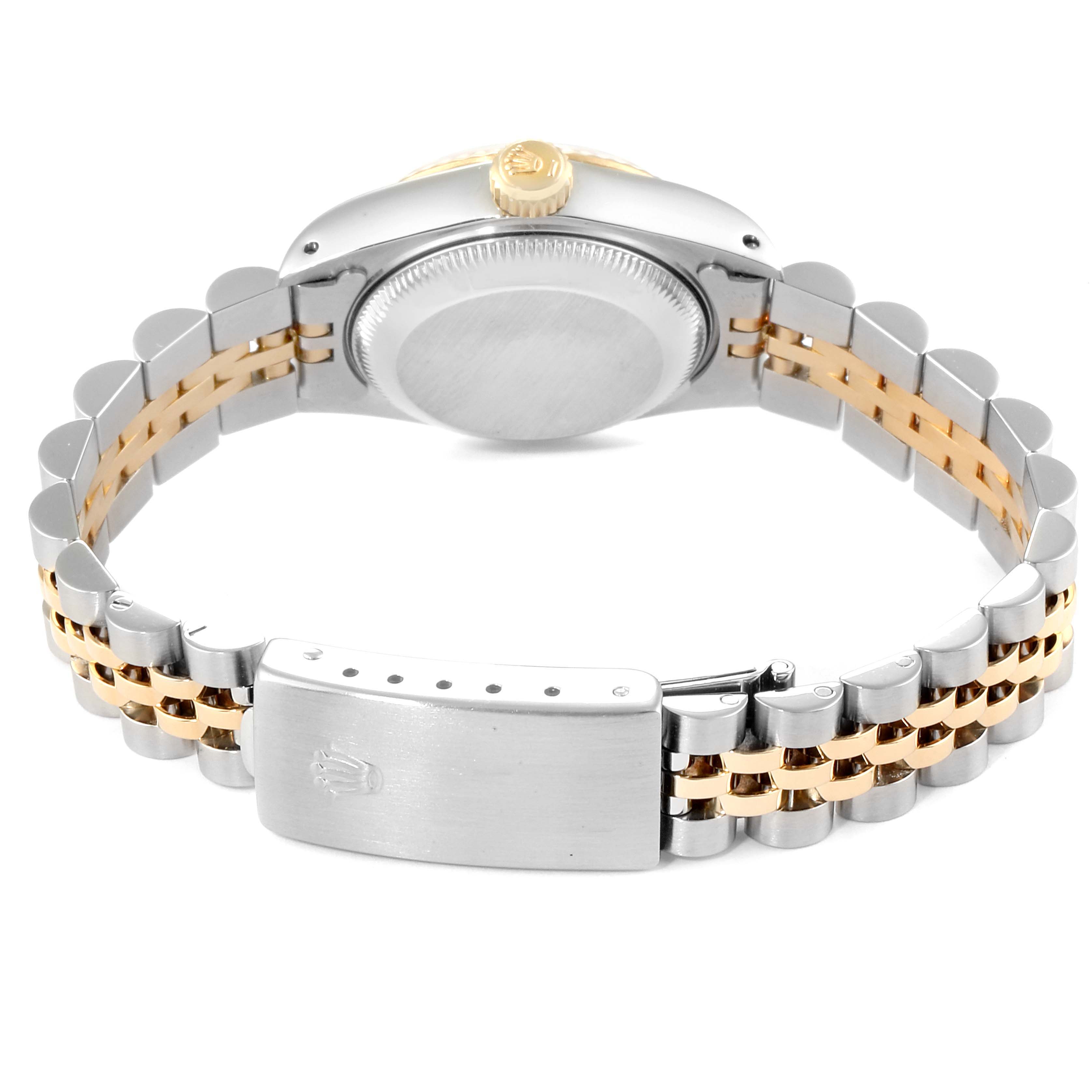 The image shows the back view of a Rolex Datejust 69173 Women's Steel and Gold (two tone) White Dial 69173 Women's Steel and Gold (two tone) White Dial watch, highlighting the clasp, bracelet, and case back.