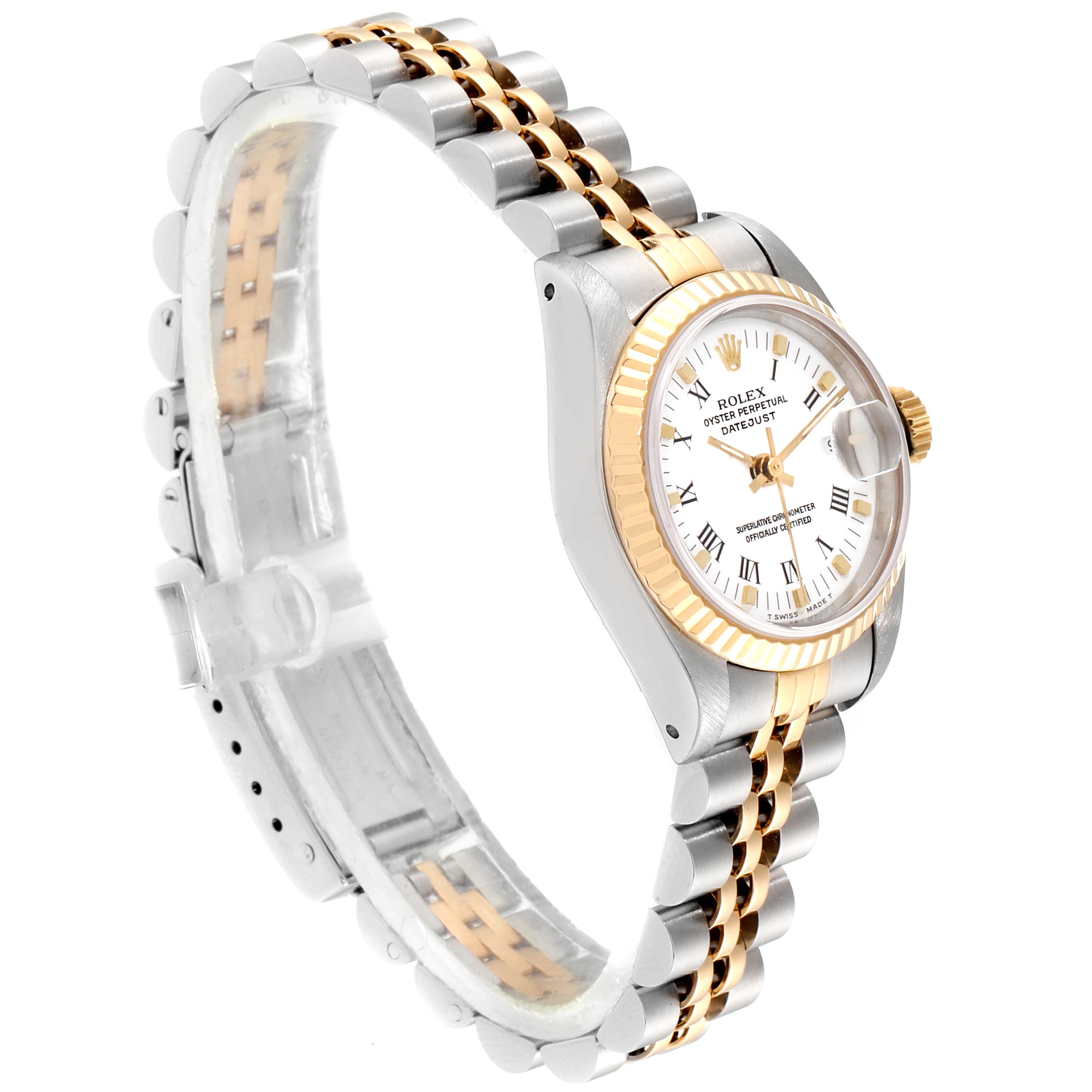 The image shows a side view of a Rolex Datejust 69173 Women's Steel and Gold (two tone) White Dial 69173 Women's Steel and Gold (two tone) White Dial watch, highlighting its two-tone bracelet, fluted bezel, and white dial.