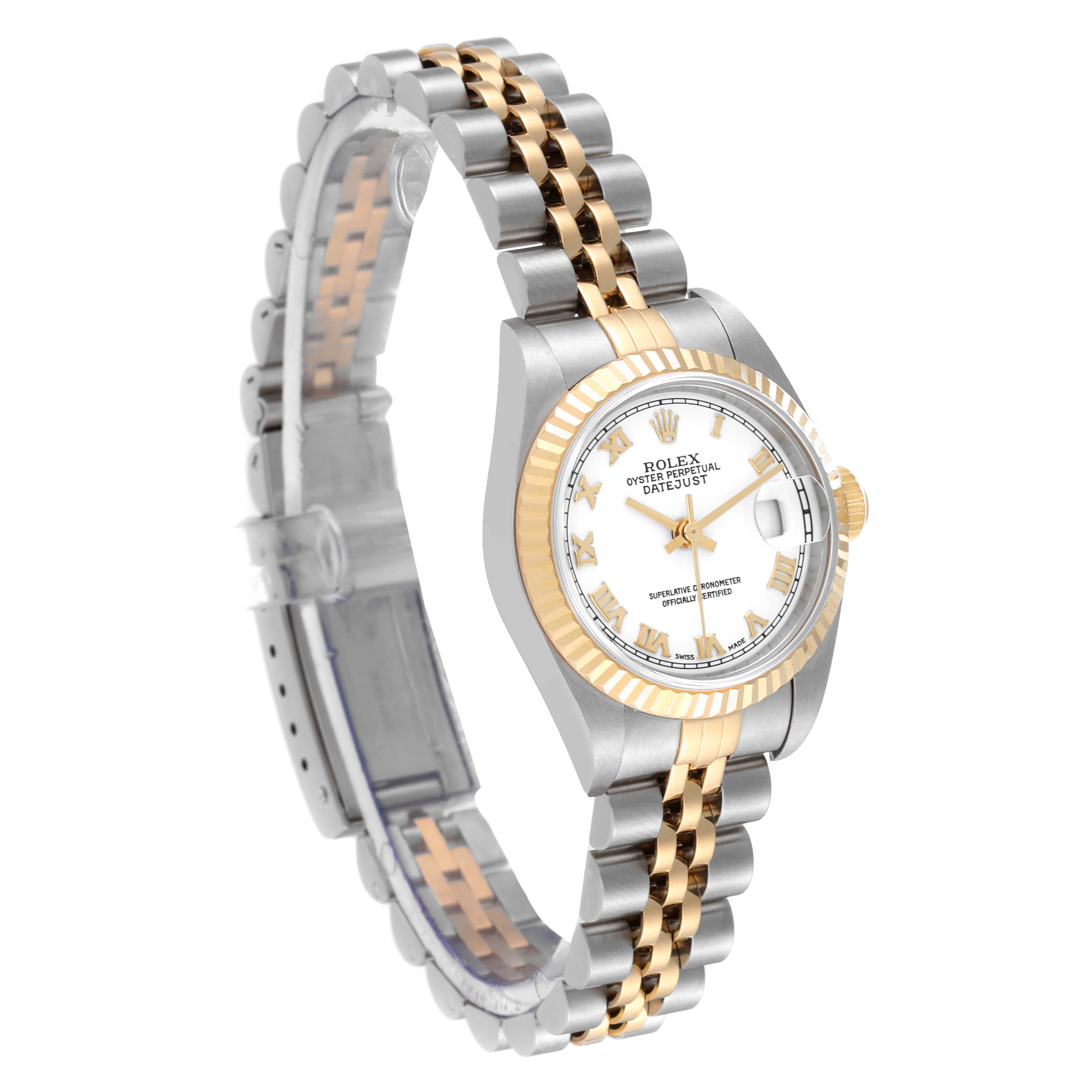 The image shows a side angle of a Rolex Datejust 79173 Women's Steel and Gold (two tone) White Dial 79173 Women's Steel and Gold (two tone) White Dial watch, highlighting its two-tone bracelet, fluted bezel, and white dial.