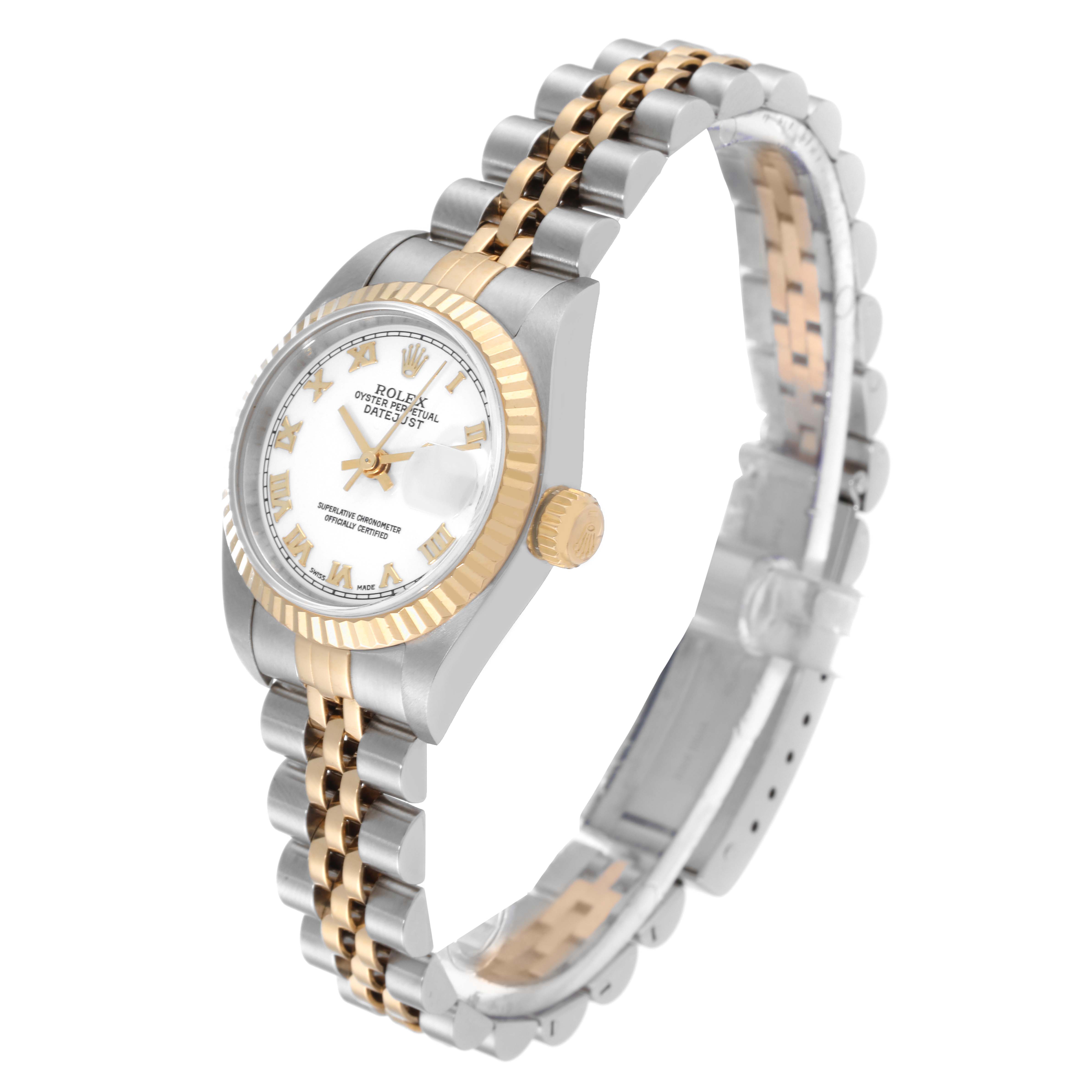 The image shows a side angle of a Rolex Datejust 79173 Women's Steel and Gold (two tone) White Dial 79173 Women's Steel and Gold (two tone) White Dial watch, displaying its face, two-tone bracelet, and winding crown.