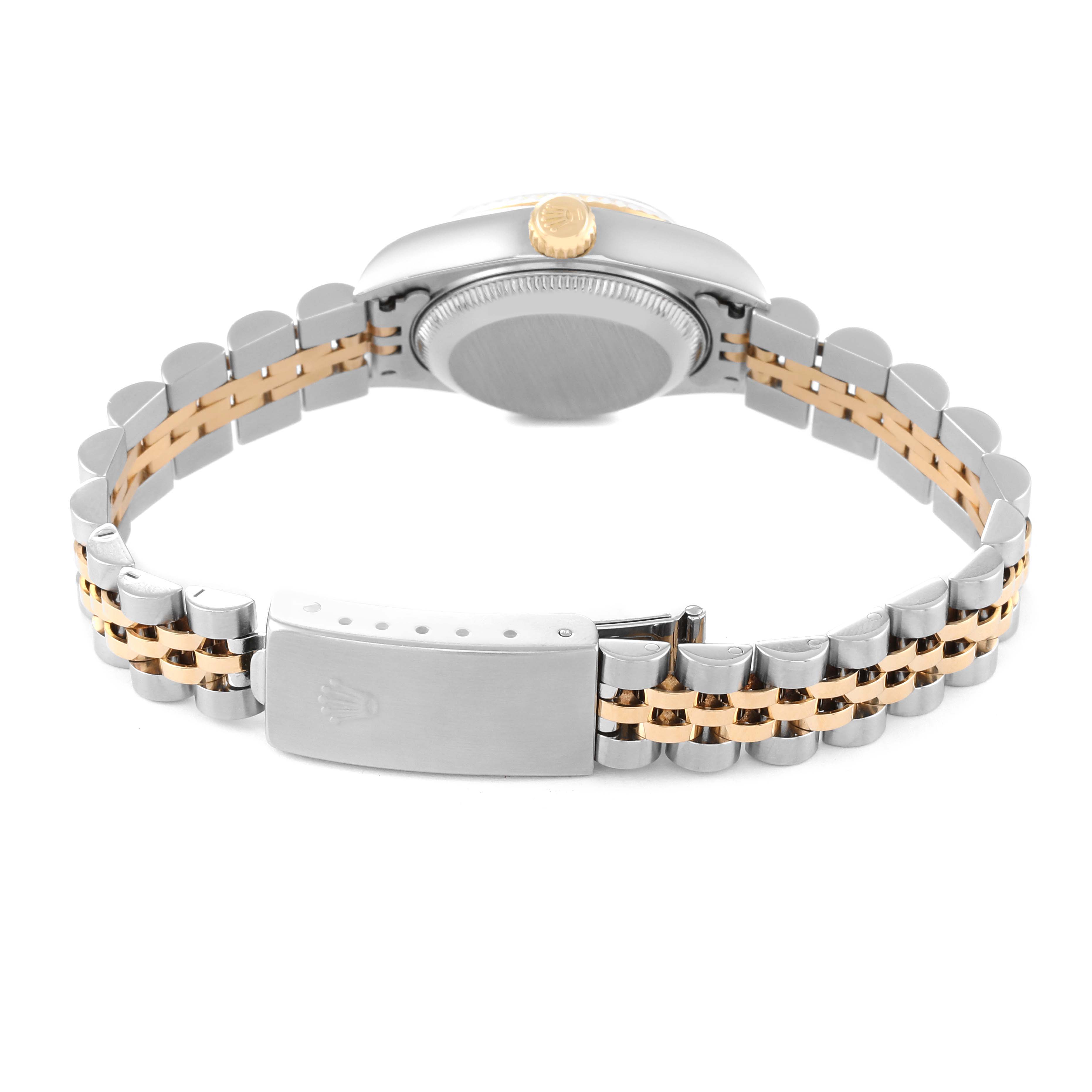 The image shows the back angle of a Rolex Datejust 79173 Women's Steel and Gold (two tone) White Dial 79173 Women's Steel and Gold (two tone) White Dial watch, highlighting its bracelet, clasp, and case back.
