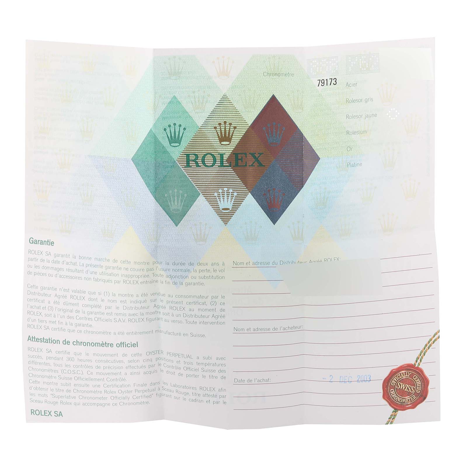 This image shows an unfolded warranty card for the Rolex Datejust 79173 Women's Steel and Gold (two tone) White Dial 79173 Women's Steel and Gold (two tone) White Dial watch model.