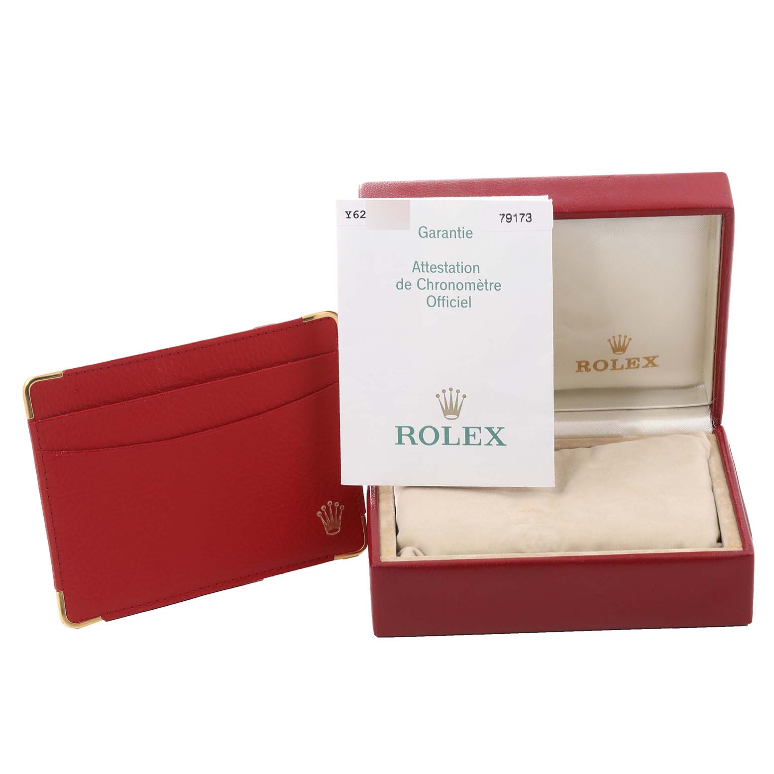 The image shows a red Rolex Datejust 79173 Women's Steel and Gold (two tone) White Dial 79173 Women's Steel and Gold (two tone) White Dial watch box, a certificate, and a red cardholder, all viewed from the front.
