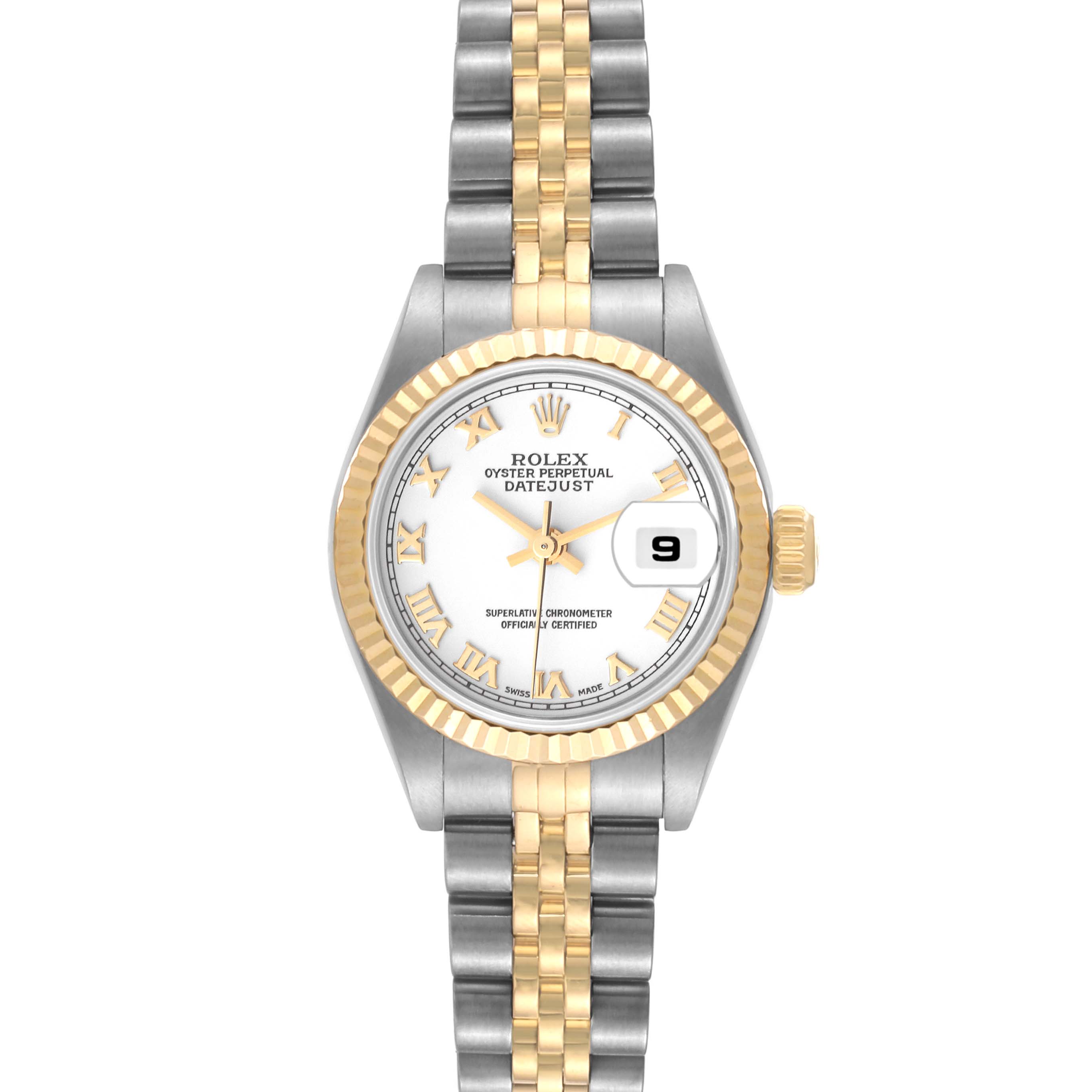 The Rolex Datejust 79173 Women's Steel and Gold (two tone) White Dial 79173 Women's Steel and Gold (two tone) White Dial watch is shown from a front angle, featuring its dial, fluted bezel, and two-tone bracelet.