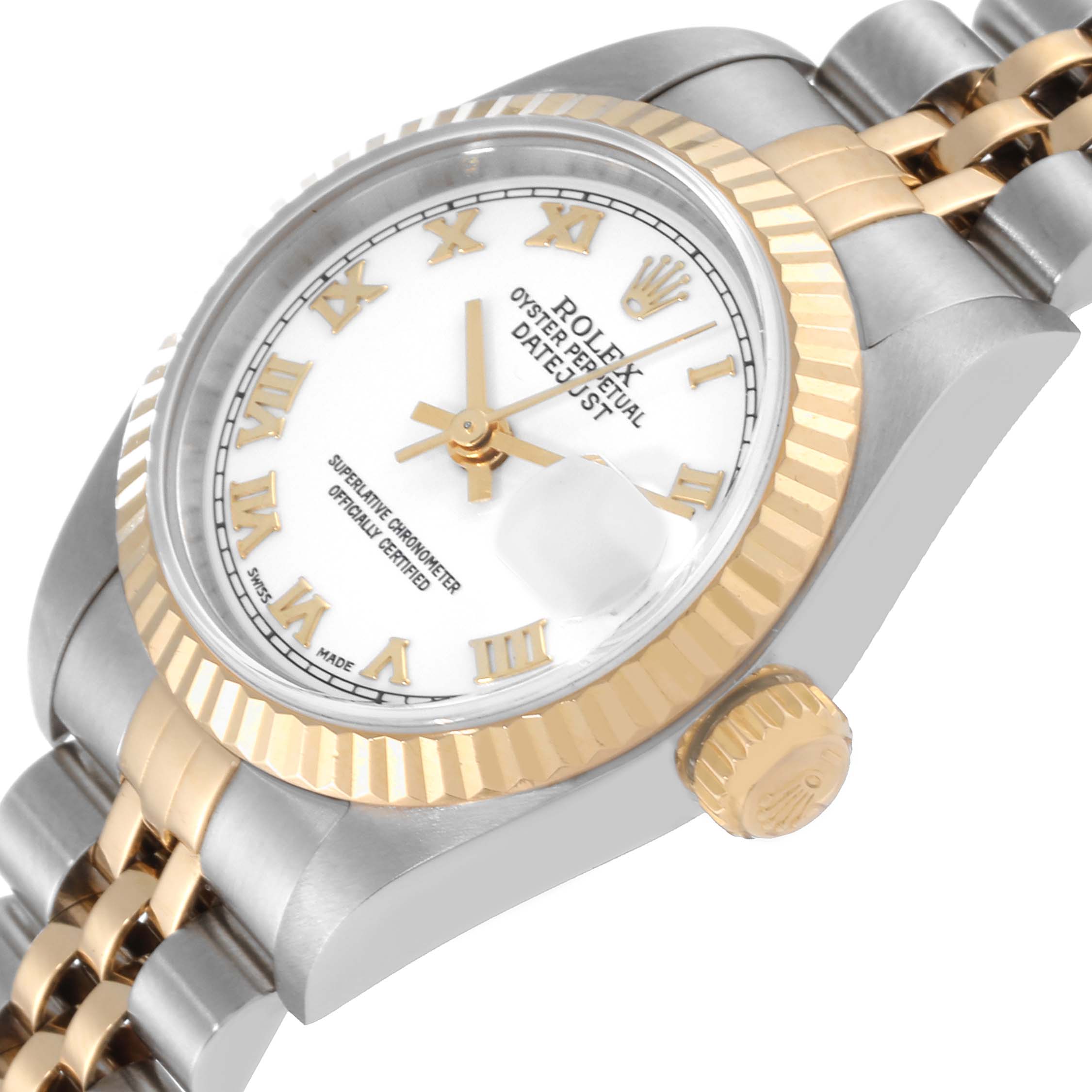 This image shows a close-up angled view of the Rolex Datejust 79173 Women's Steel and Gold (two tone) White Dial 79173 Women's Steel and Gold (two tone) White Dial watch, highlighting the bezel, dial, crown, and part of the bracelet.
