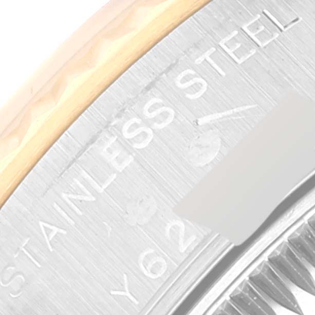 This close-up image shows the stainless steel case and part of the bezel of a Rolex Datejust 79173 Women's Steel and Gold (two tone) White Dial 79173 Women's Steel and Gold (two tone) White Dial watch.
