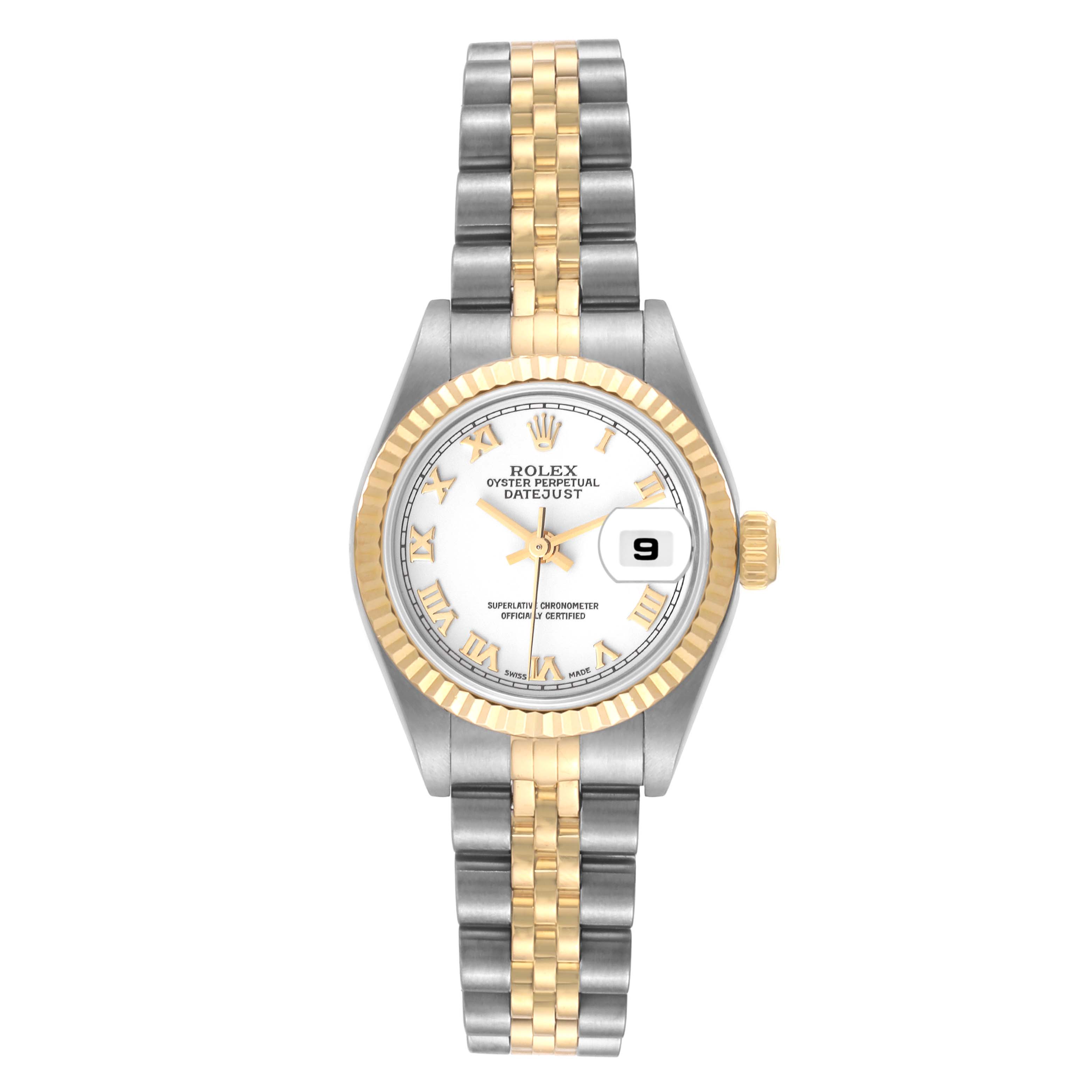 The image shows a front view of a Rolex Datejust 79173 Women's Steel and Gold (two tone) White Dial 79173 Women's Steel and Gold (two tone) White Dial watch with a two-tone bracelet and a white dial.