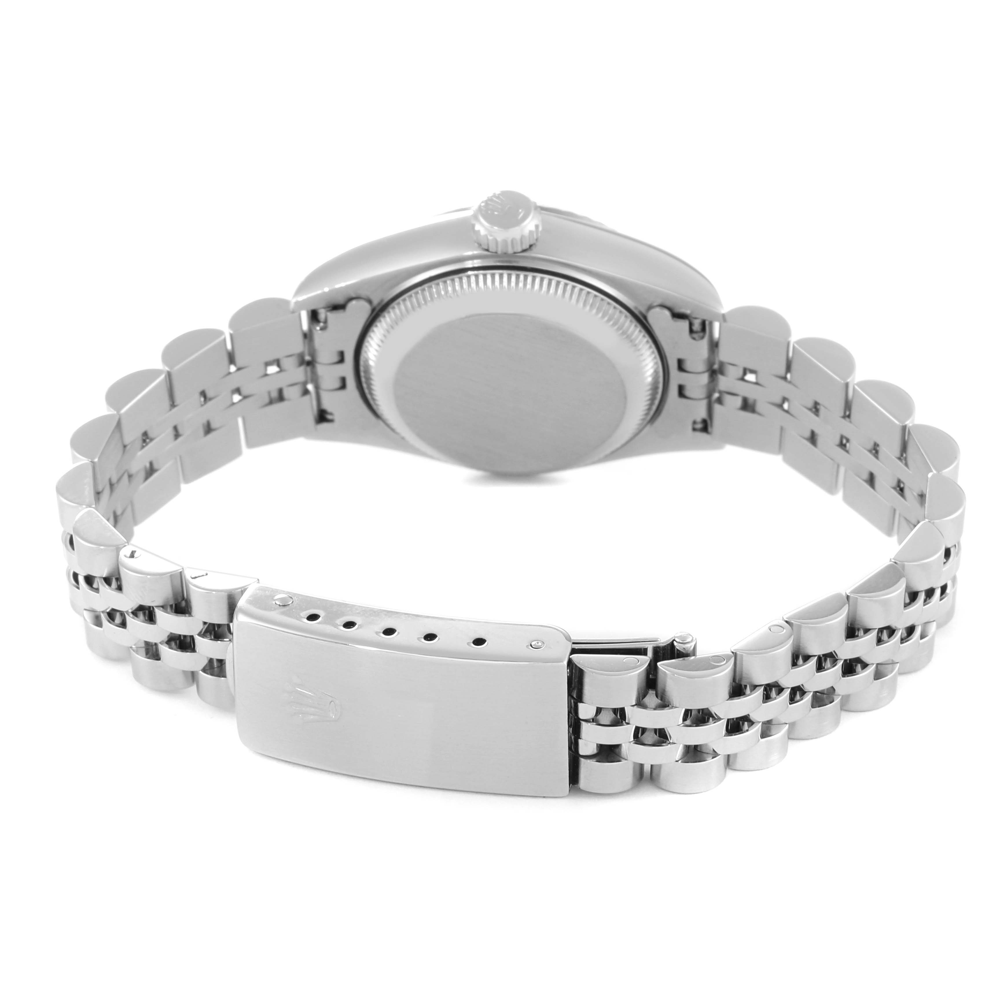 The image shows the back of the Rolex Datejust 69174 Women's Stainless Steel Silver Dial 69174 Women's Stainless Steel Silver Dial watch, highlighting the case back, crown, and bracelet with clasp.