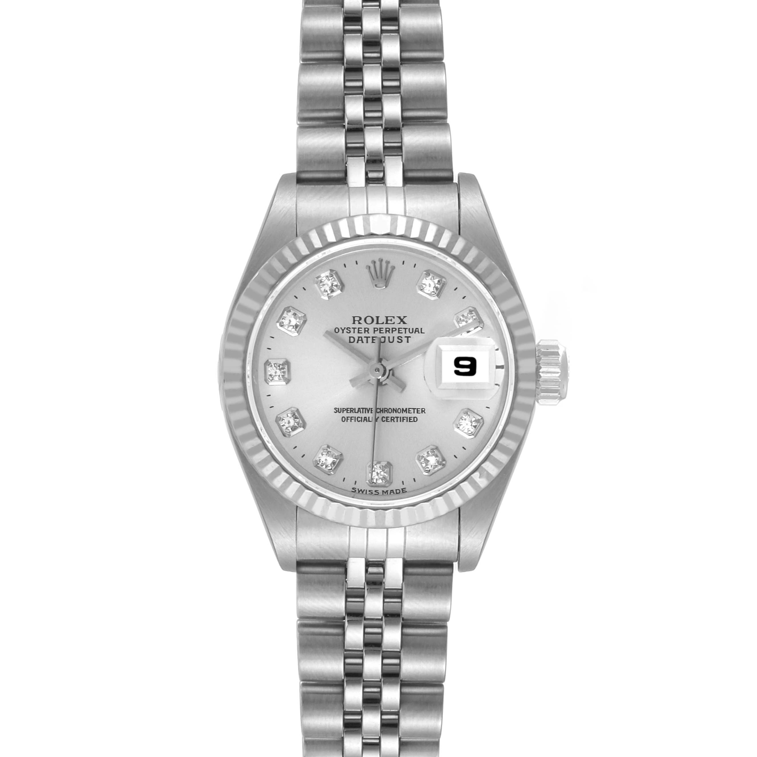 The image shows a front view of a Rolex Datejust 69174 Women's Stainless Steel Silver Dial 69174 Women's Stainless Steel Silver Dial watch, highlighting its dial, bezel, bracelet, and date window.