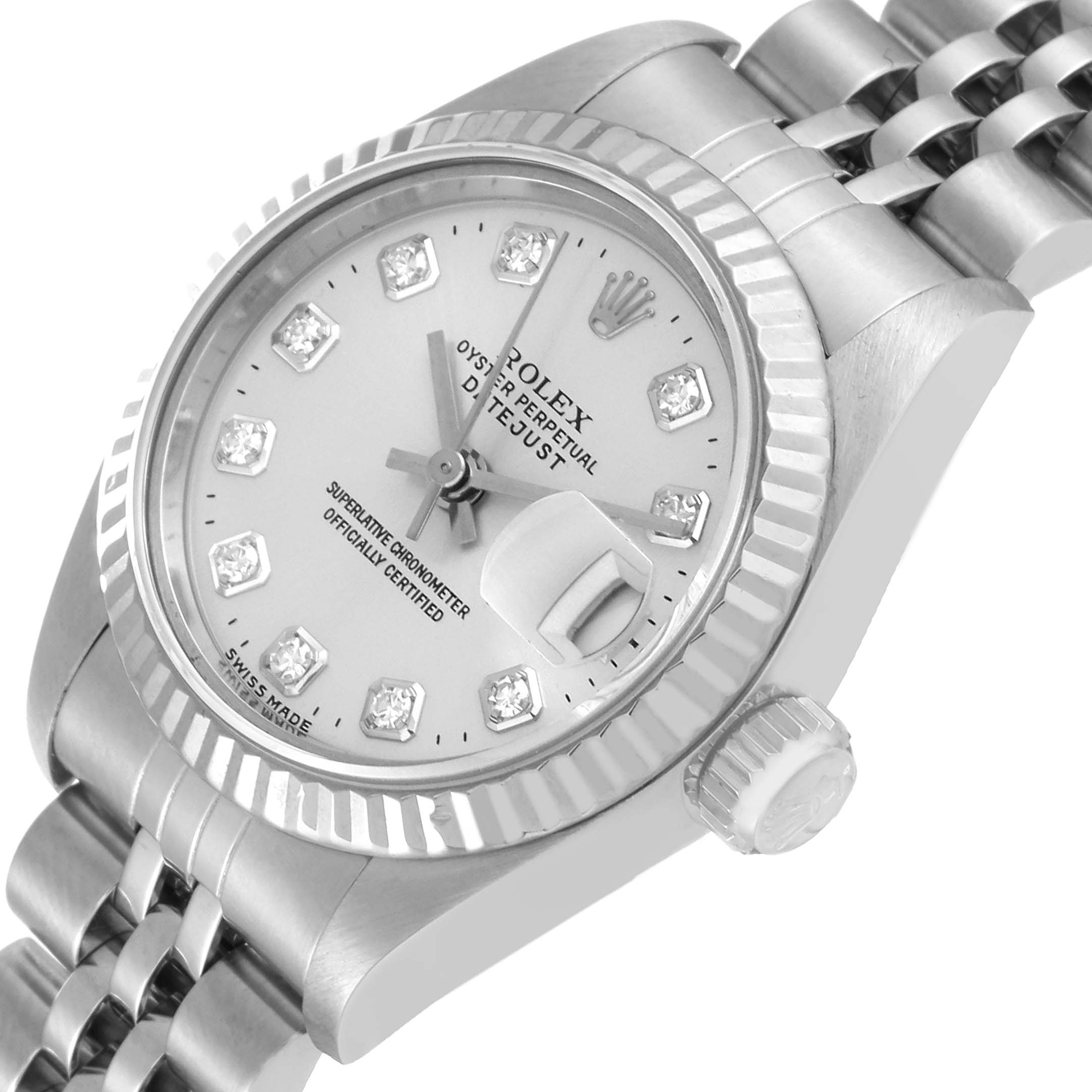 The Rolex Datejust 69174 Women's Stainless Steel Silver Dial 69174 Women's Stainless Steel Silver Dial watch is shown at an angle highlighting the face, crown, bezel, and part of the bracelet.