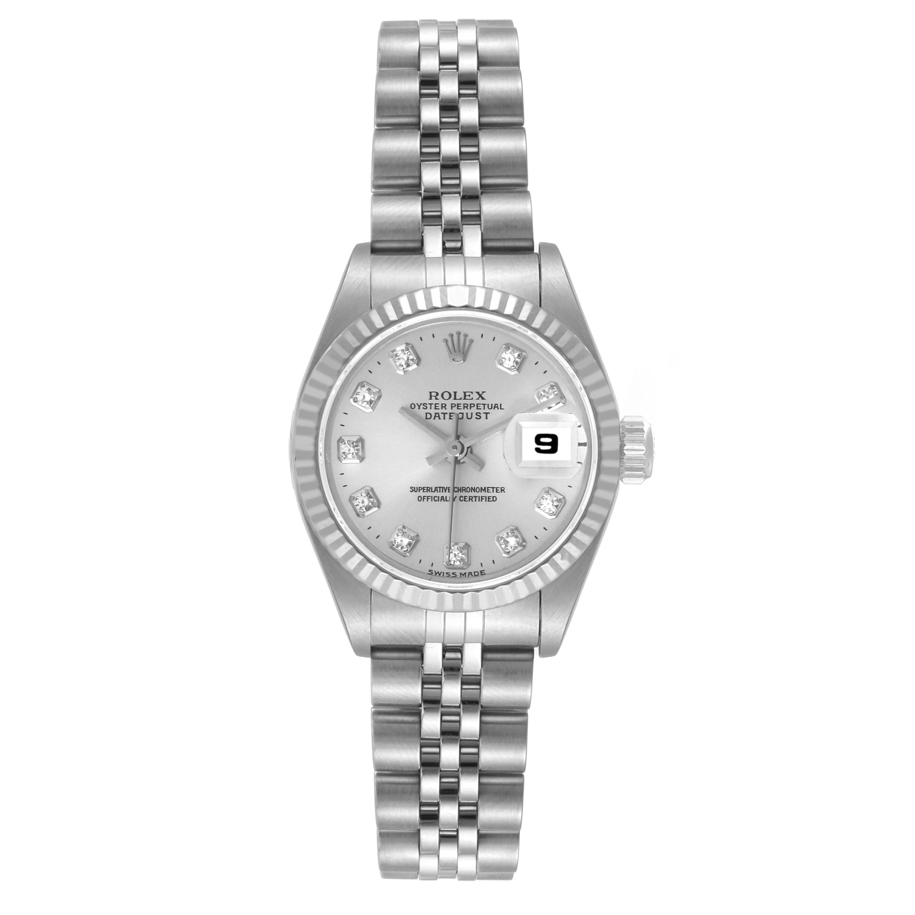 The image shows the front view of a Rolex Datejust 69174 Women's Stainless Steel Silver Dial 69174 Women's Stainless Steel Silver Dial watch, displaying its face, bezel, dial, and bracelet.