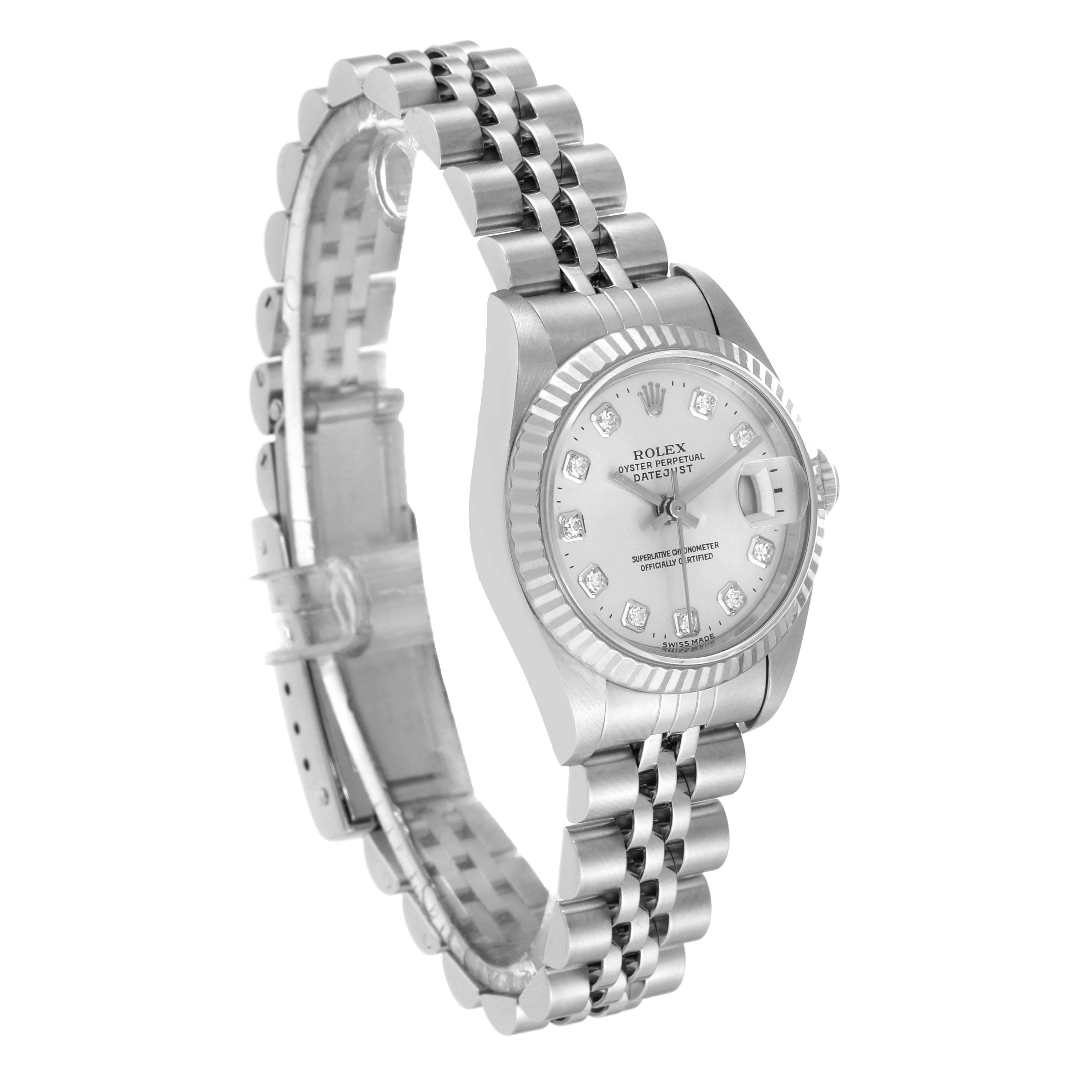 The image shows a Rolex Datejust 69174 Women's Stainless Steel Silver Dial 69174 Women's Stainless Steel Silver Dial watch from a front-side angle, featuring the bezel, dial, and bracelet.