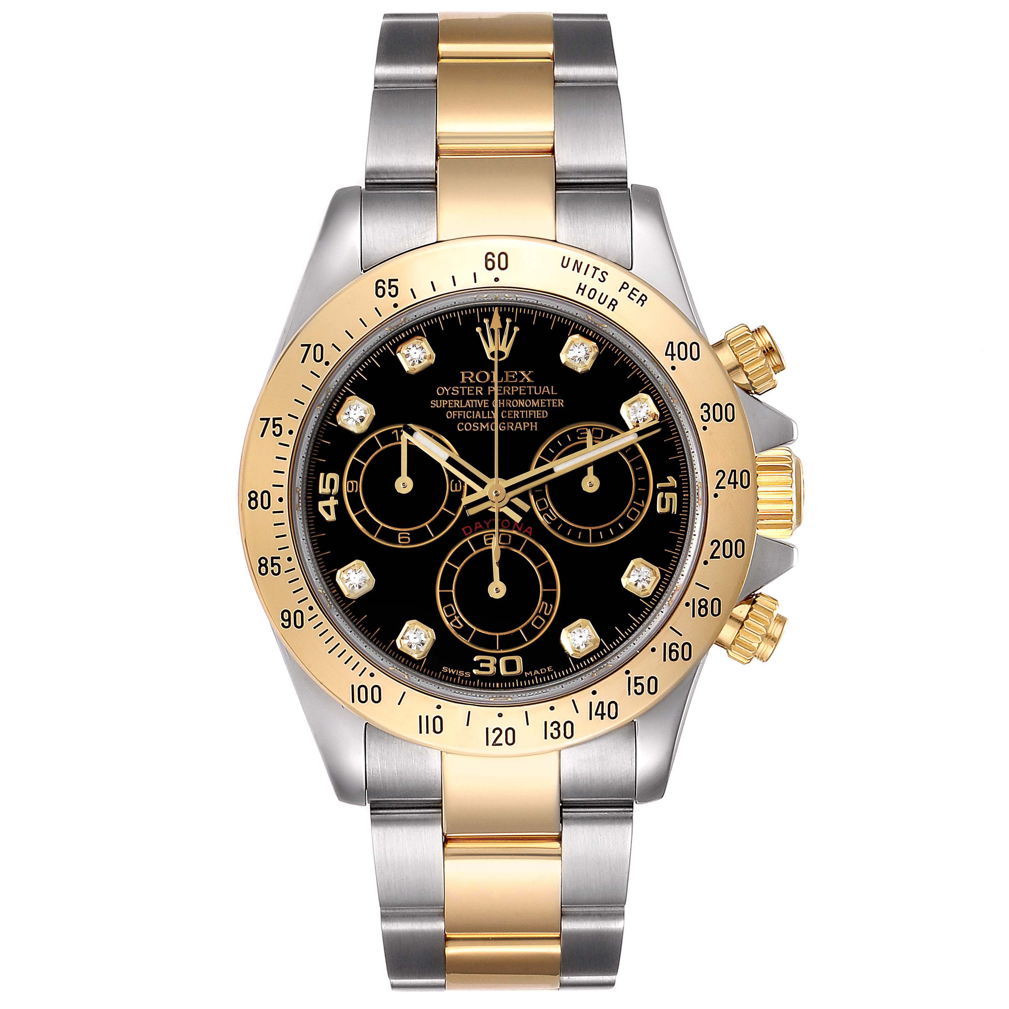 The image shows a frontal view of a Rolex Daytona 116523 Men's Steel and Gold (two tone) Black Dial 116523 Men's Steel and Gold (two tone) Black Dial watch with a two-tone gold and silver bracelet and a black dial.