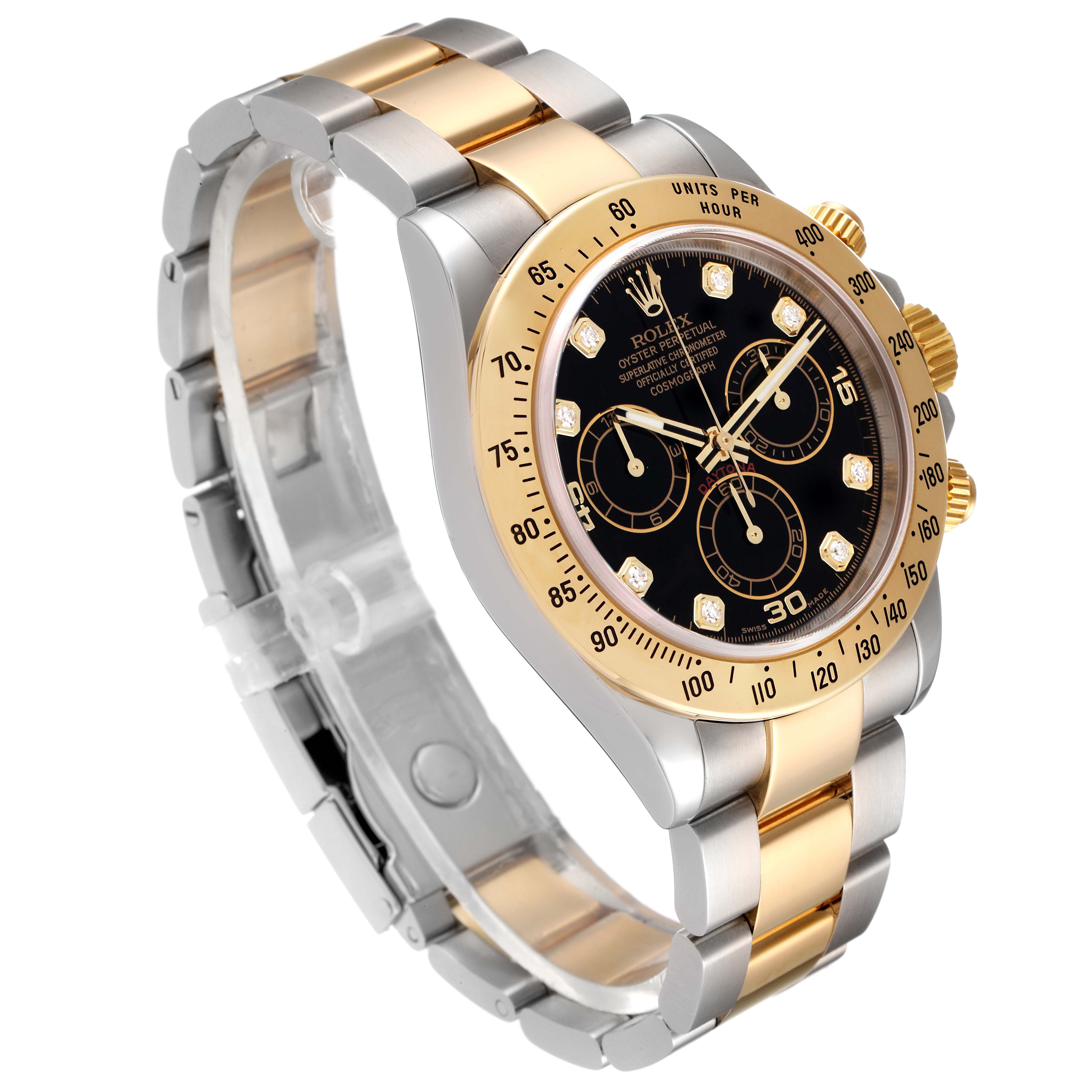 This image shows a side view of a Rolex Daytona 116523 Men's Steel and Gold (two tone) Black Dial 116523 Men's Steel and Gold (two tone) Black Dial watch, highlighting its bracelet, bezel, and dial.
