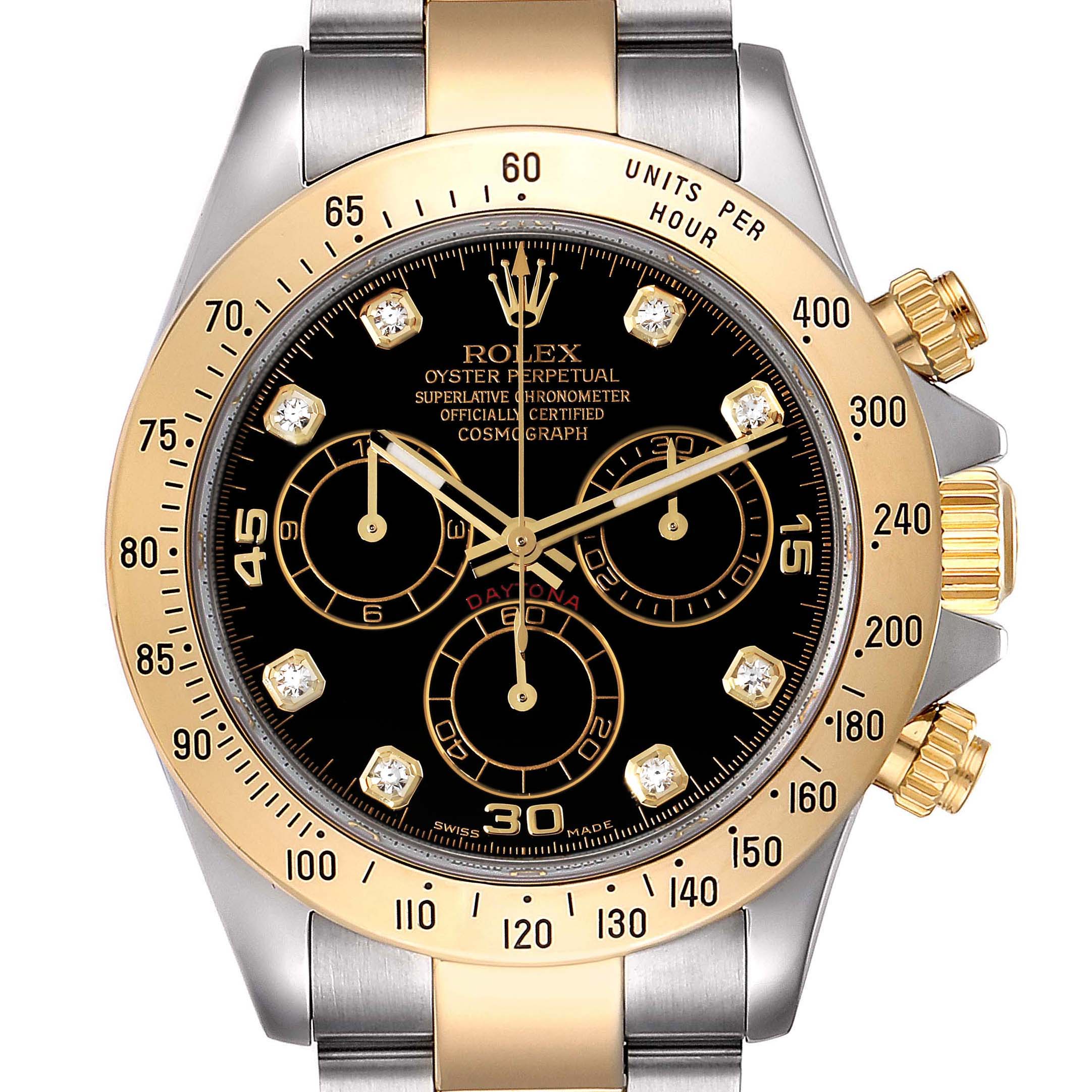The image shows a frontal view of the Rolex Daytona 116523 Men's Steel and Gold (two tone) Black Dial 116523 Men's Steel and Gold (two tone) Black Dial watch, highlighting its face, bezel, and part of the bracelet.
