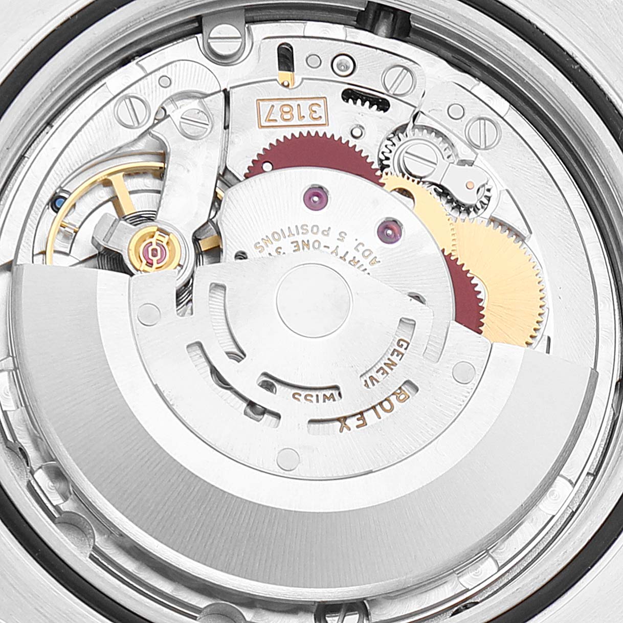This image shows the intricate internal movement mechanism of a Rolex Explorer 216570 Men's Stainless Steel Black Dial 216570 Men's Stainless Steel Black Dial watch, focusing on gears and components.
