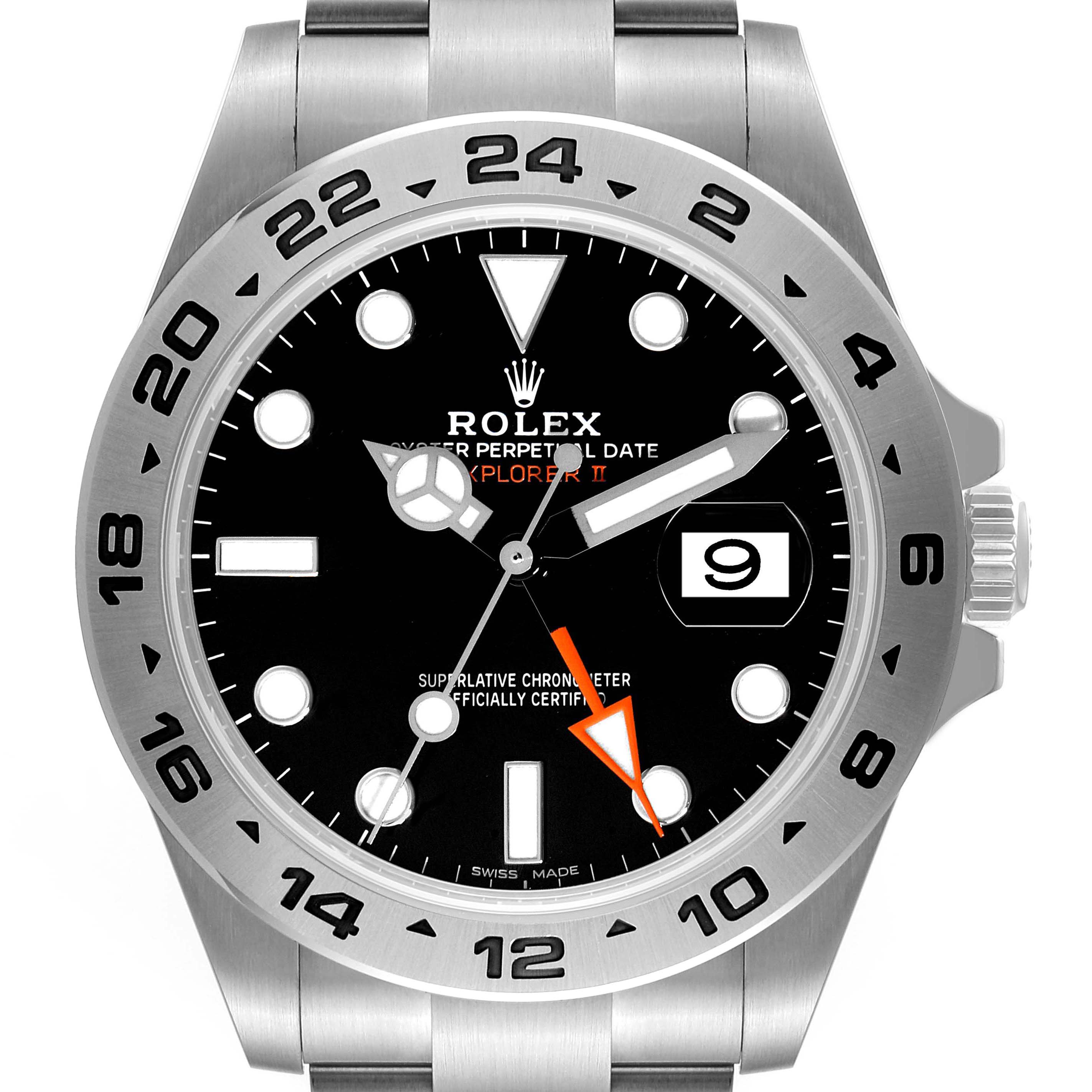 This is a front view of a Rolex Explorer 216570 Men's Stainless Steel Black Dial 216570 Men's Stainless Steel Black Dial watch showing the dial, bezel, and part of the bracelet.