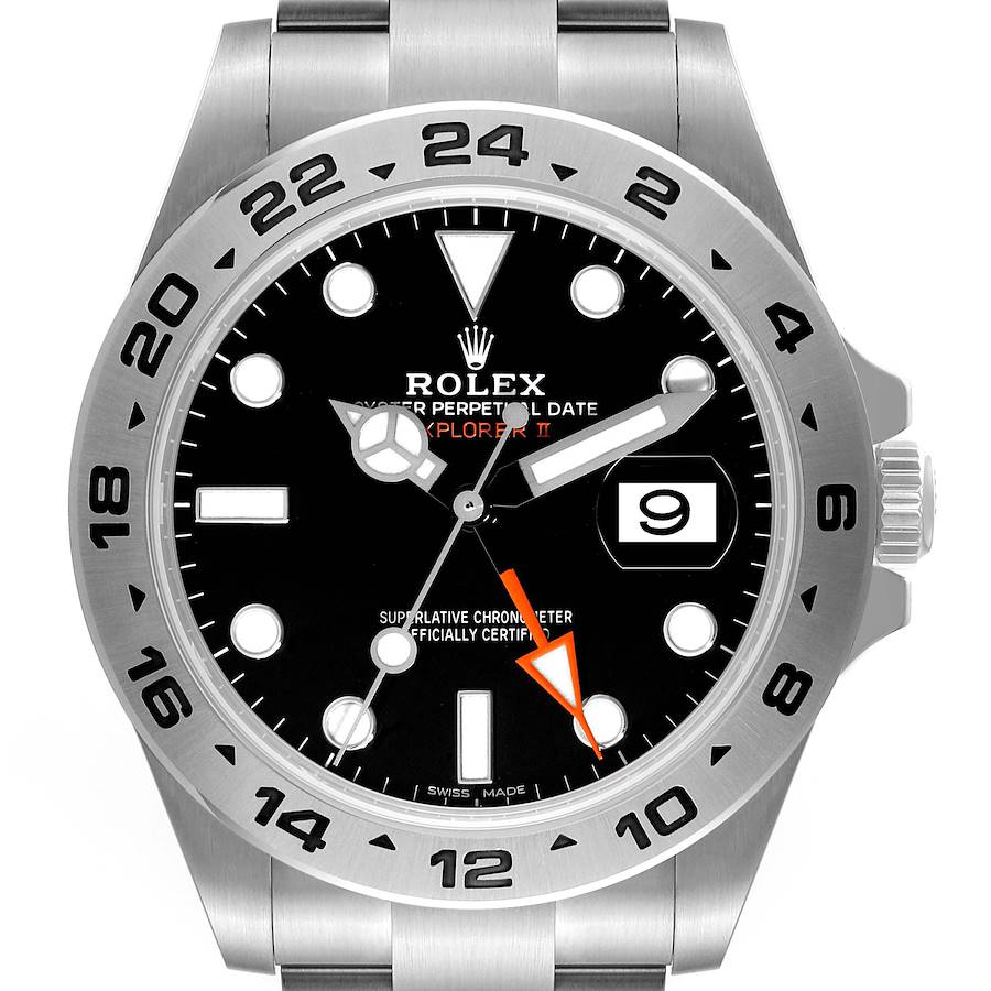 This is a front view of a Rolex Explorer II watch showing the dial, bezel, and part of the bracelet.