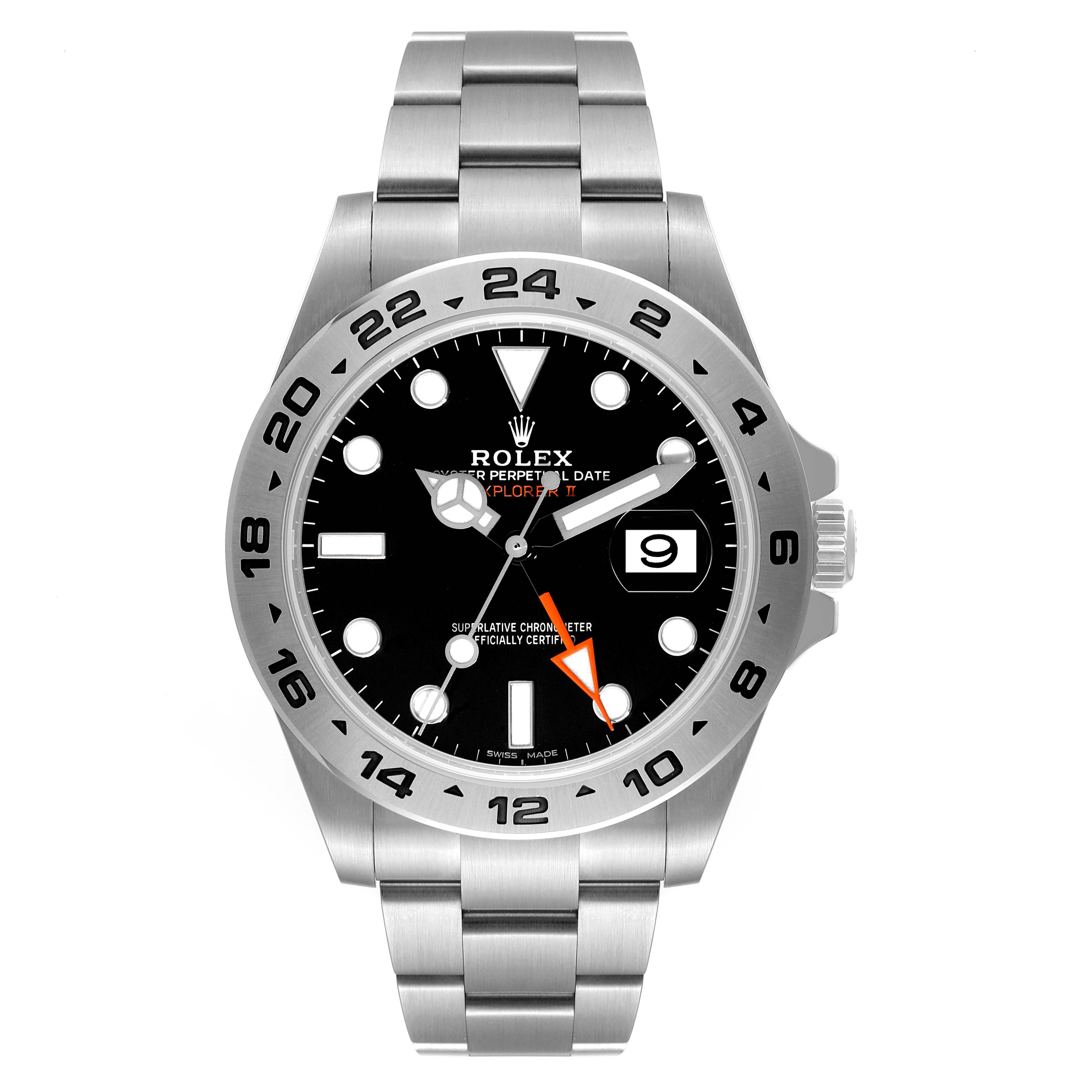 The image shows a front view of the Rolex Explorer 216570 Men's Stainless Steel Black Dial 216570 Men's Stainless Steel Black Dial watch, highlighting the dial, bezel, bracelet, and date window.