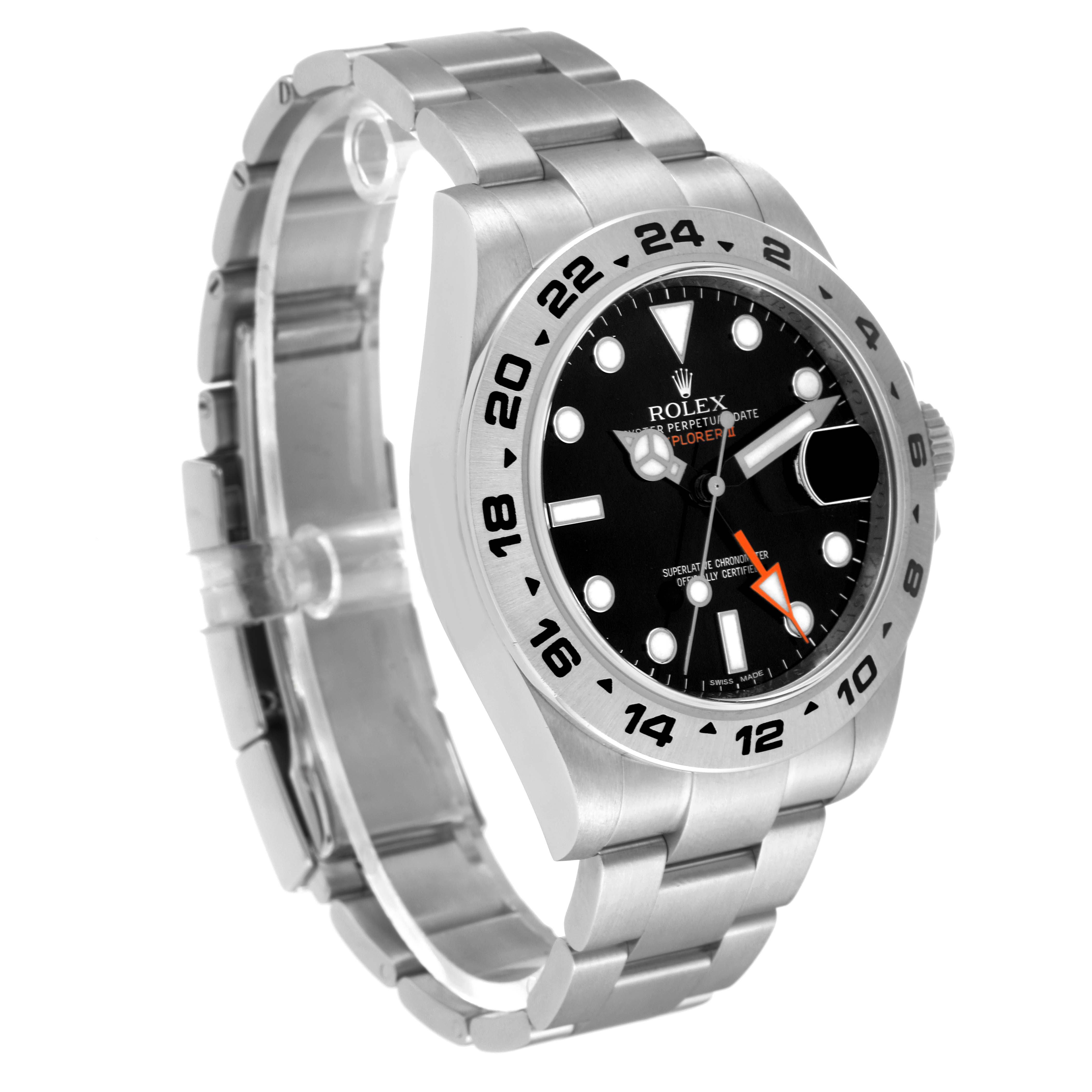 This Rolex Explorer 216570 Men's Stainless Steel Black Dial 216570 Men's Stainless Steel Black Dial model watch is shown at an angle displaying the face, bezel, crown, and metal bracelet.