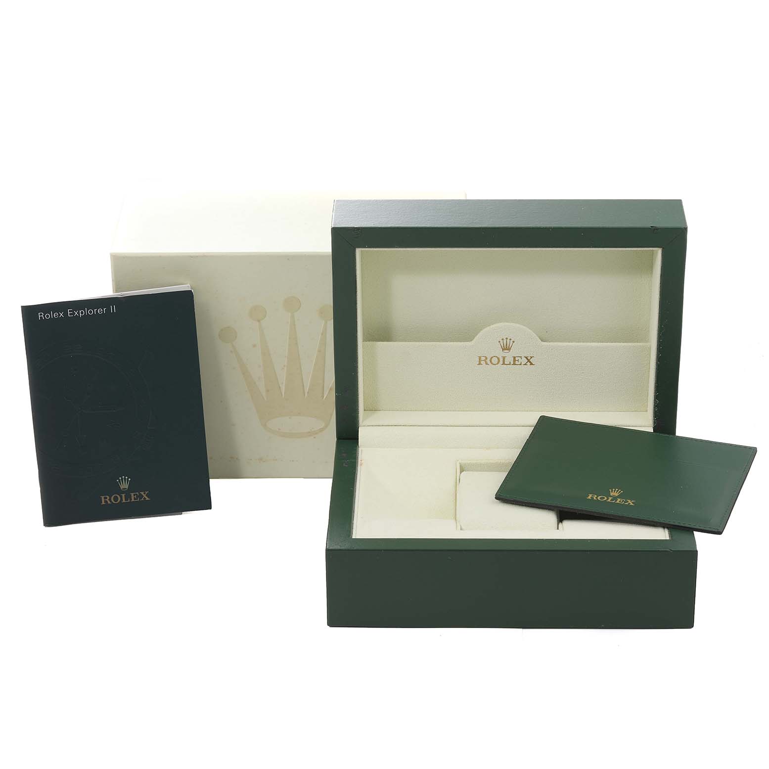 The image shows an open Rolex Explorer 216570 Men's Stainless Steel Black Dial 216570 Men's Stainless Steel Black Dial watch box, a manual, a warranty card holder, all at a frontal angle.