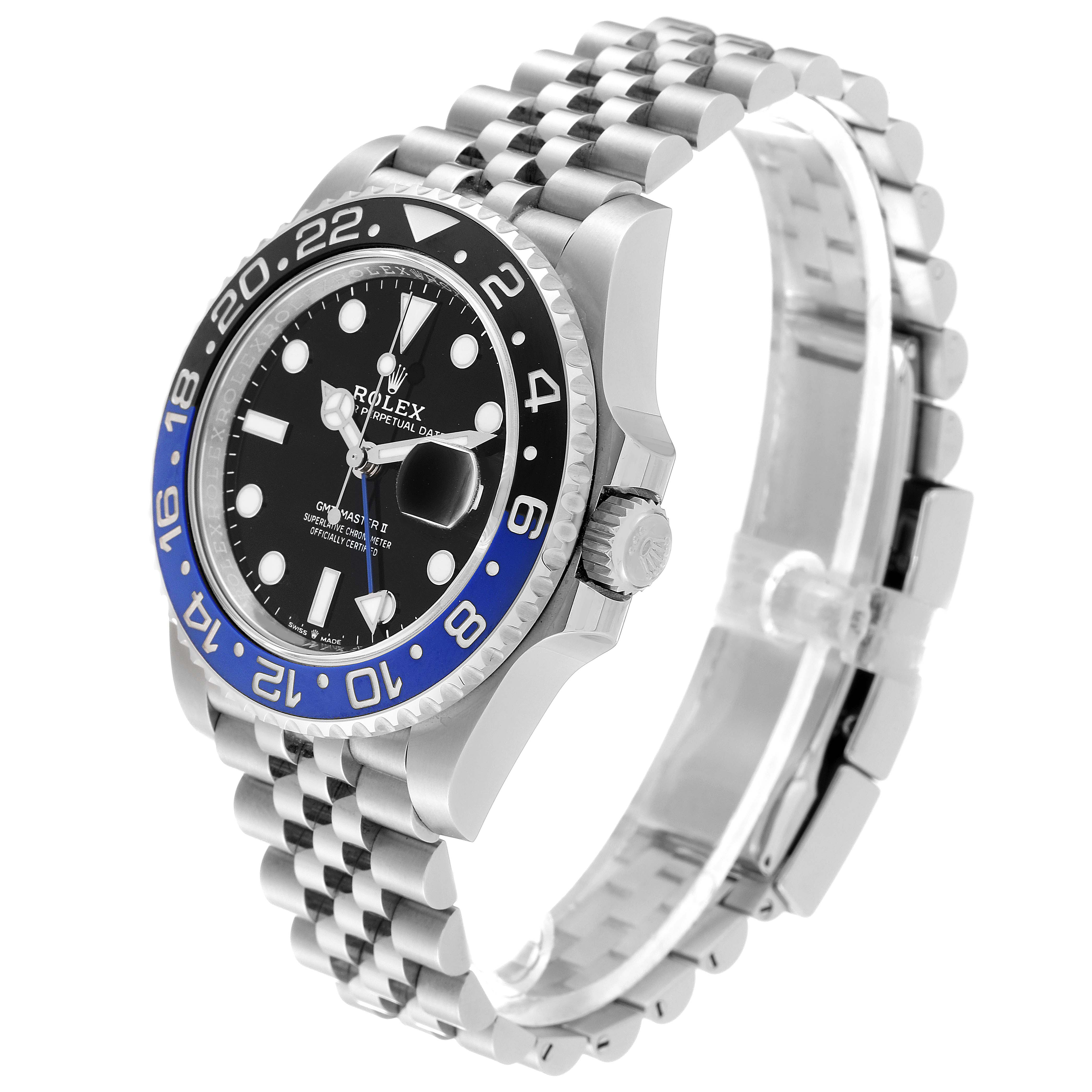 The image shows a Rolex GMT-Master 126710 Men
s Stainless Steel Black Dial 126710 Men
s Stainless Steel Black Dial watch at a three-quarter angle, highlighting the face, bezel, crown, and bracelet.