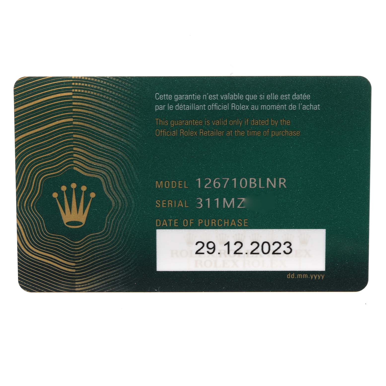 The image shows the guarantee card for the Rolex GMT-Master 126710 Men
s Stainless Steel Black Dial 126710 Men
s Stainless Steel Black Dial model 126710BLNR, including the serial number and date of purchase.