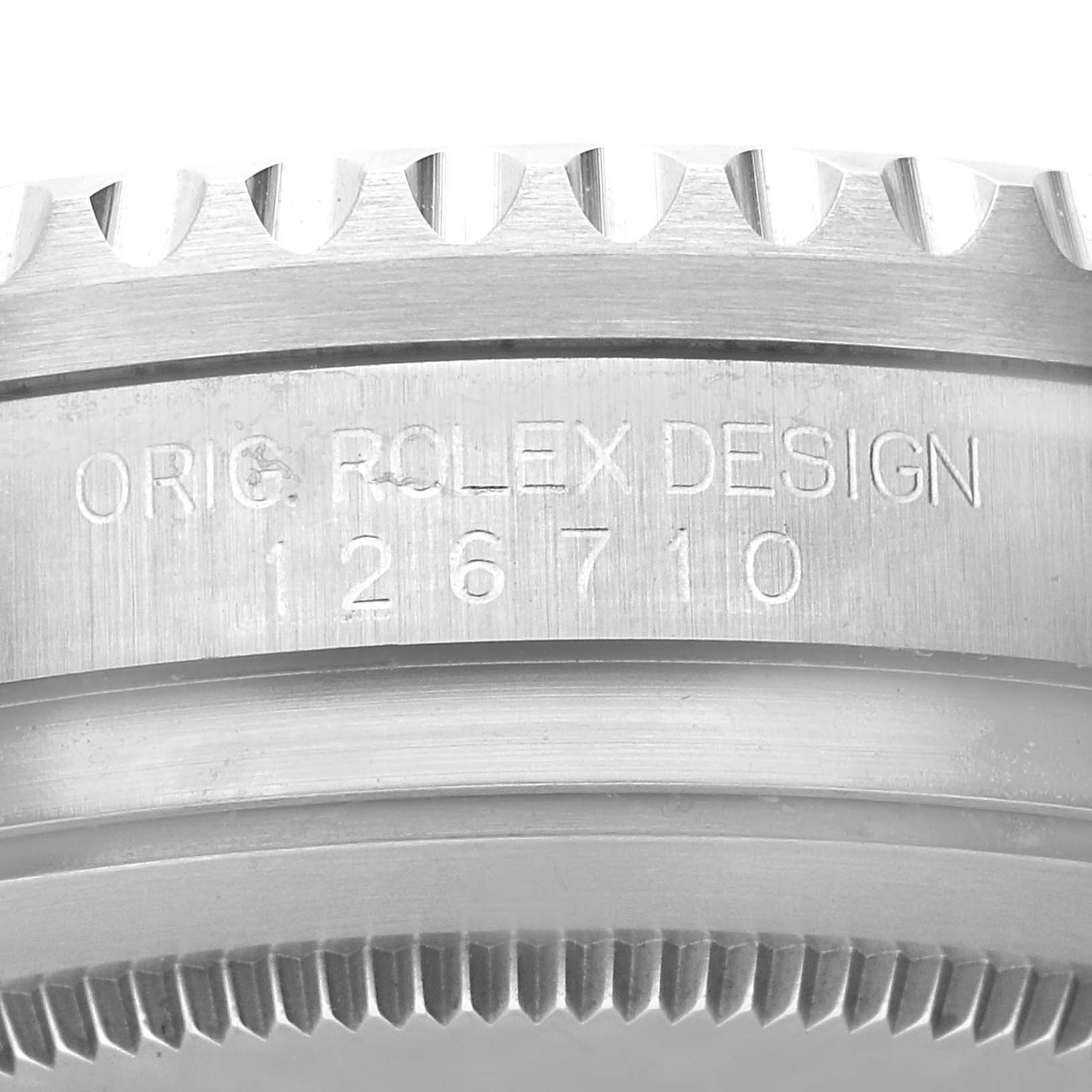 This image shows a close-up of the model number engraving on the side case of a Rolex GMT-Master 126710 Men
s Stainless Steel Black Dial 126710 Men
s Stainless Steel Black Dial watch.