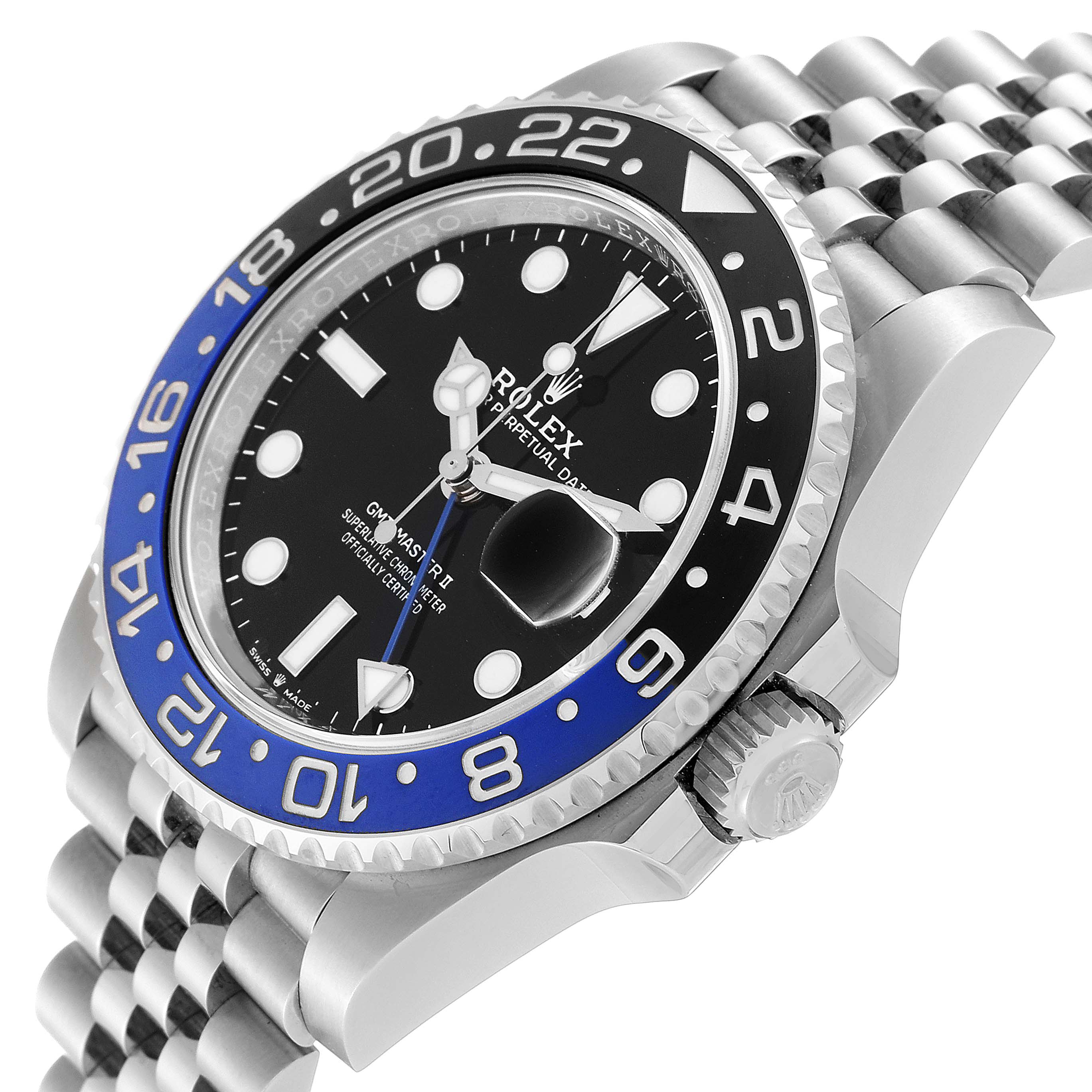 This image shows the Rolex GMT-Master 126710 Men
s Stainless Steel Black Dial 126710 Men
s Stainless Steel Black Dial II watch at an angle highlighting the bezel, dial, and crown.