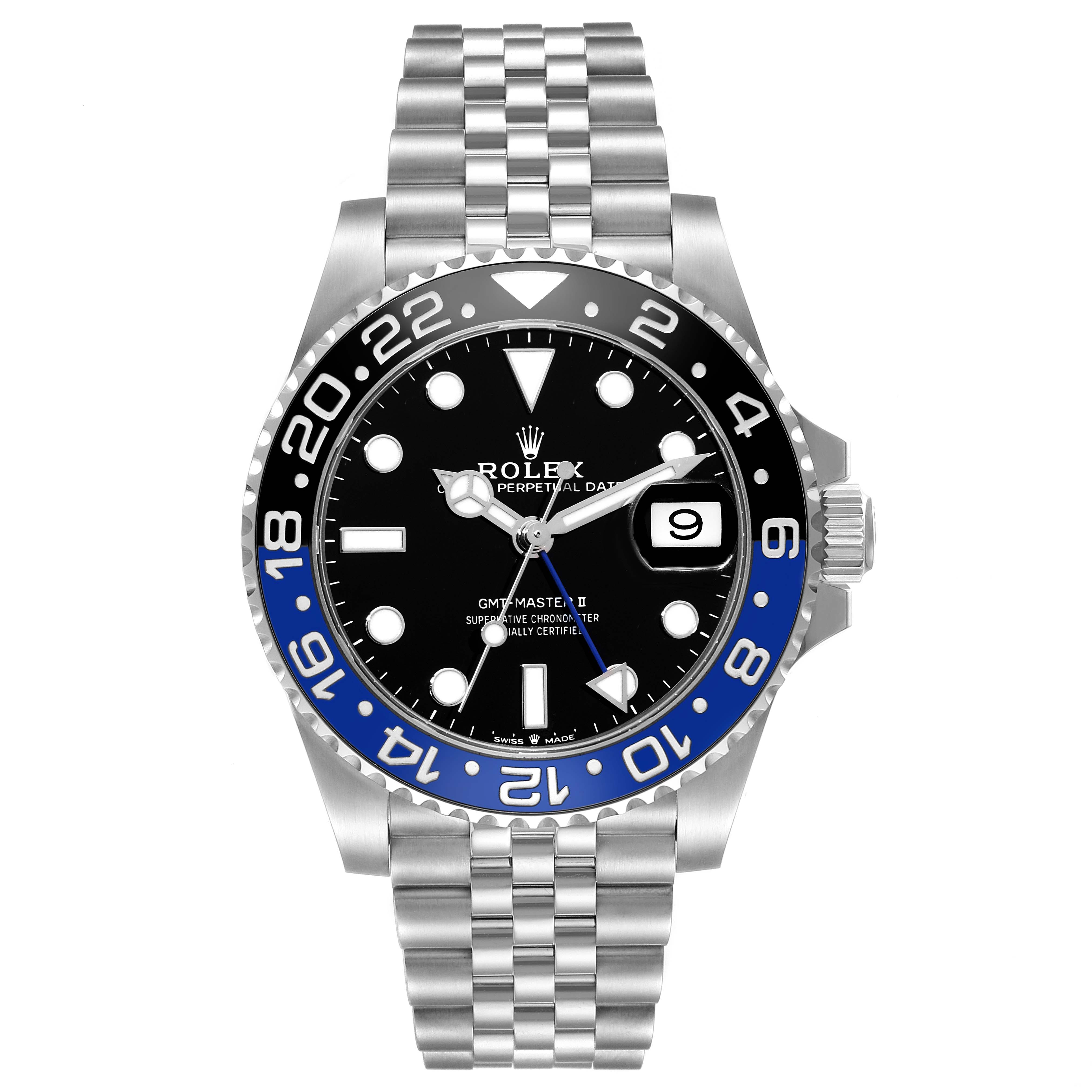 This image shows a front view of a Rolex GMT-Master 126710 Men
s Stainless Steel Black Dial 126710 Men
s Stainless Steel Black Dial II watch featuring a black and blue bezel and jubilee bracelet.