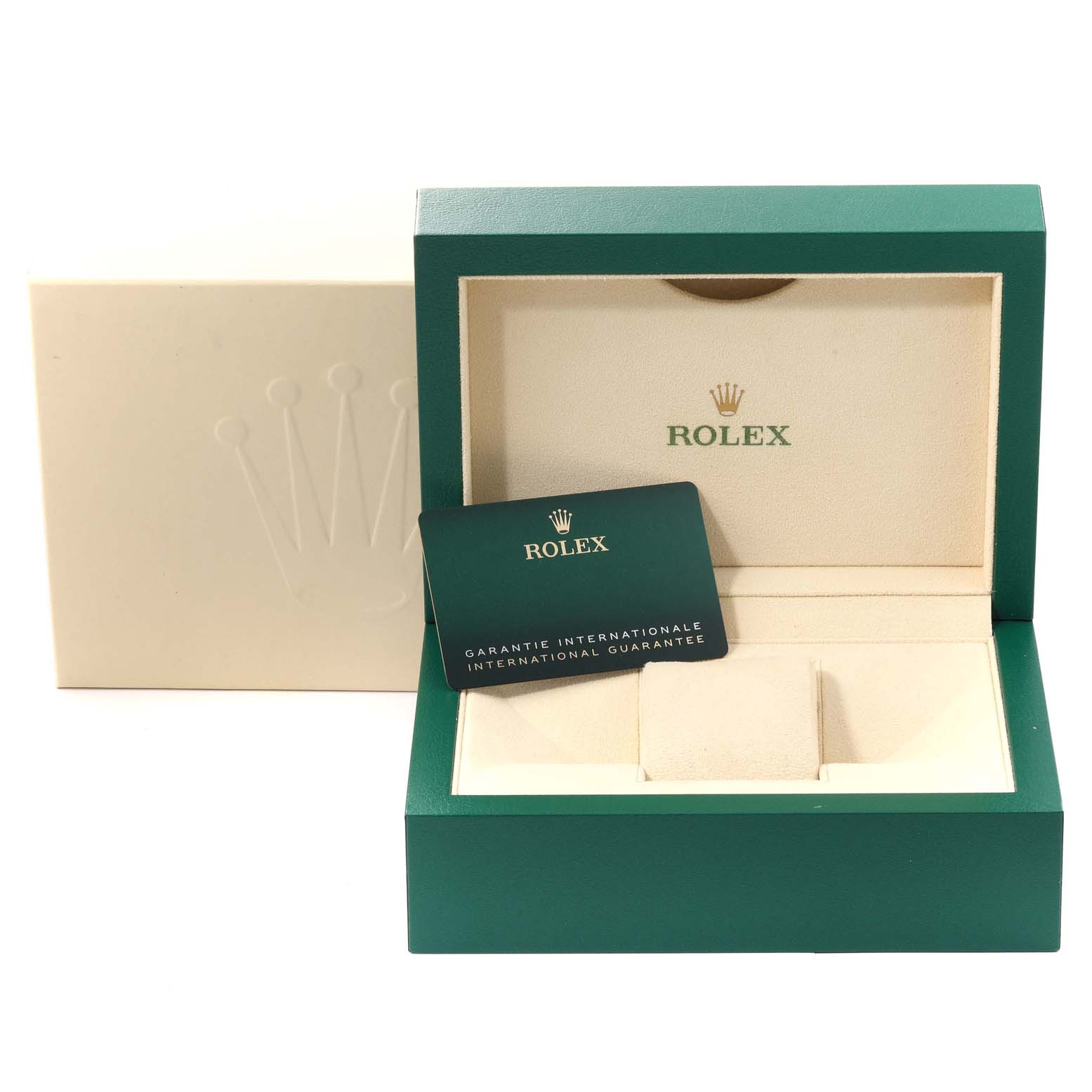 The image shows an open Rolex GMT-Master 126710 Men
s Stainless Steel Black Dial 126710 Men
s Stainless Steel Black Dial watch box and warranty card.