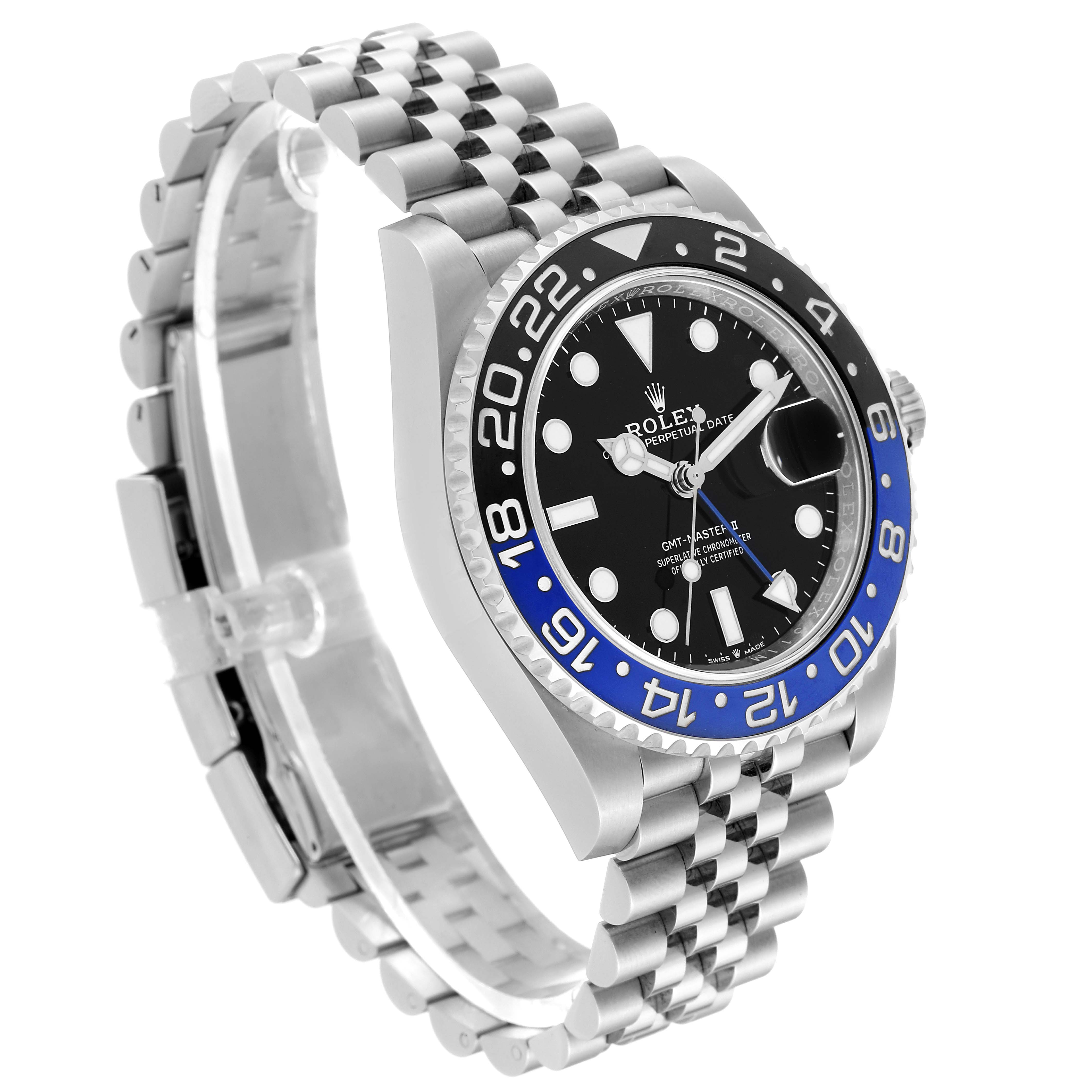 The image shows a side angle view of the Rolex GMT-Master 126710 Men
s Stainless Steel Black Dial 126710 Men
s Stainless Steel Black Dial II watch, highlighting the bezel, dial, and jubilee bracelet.