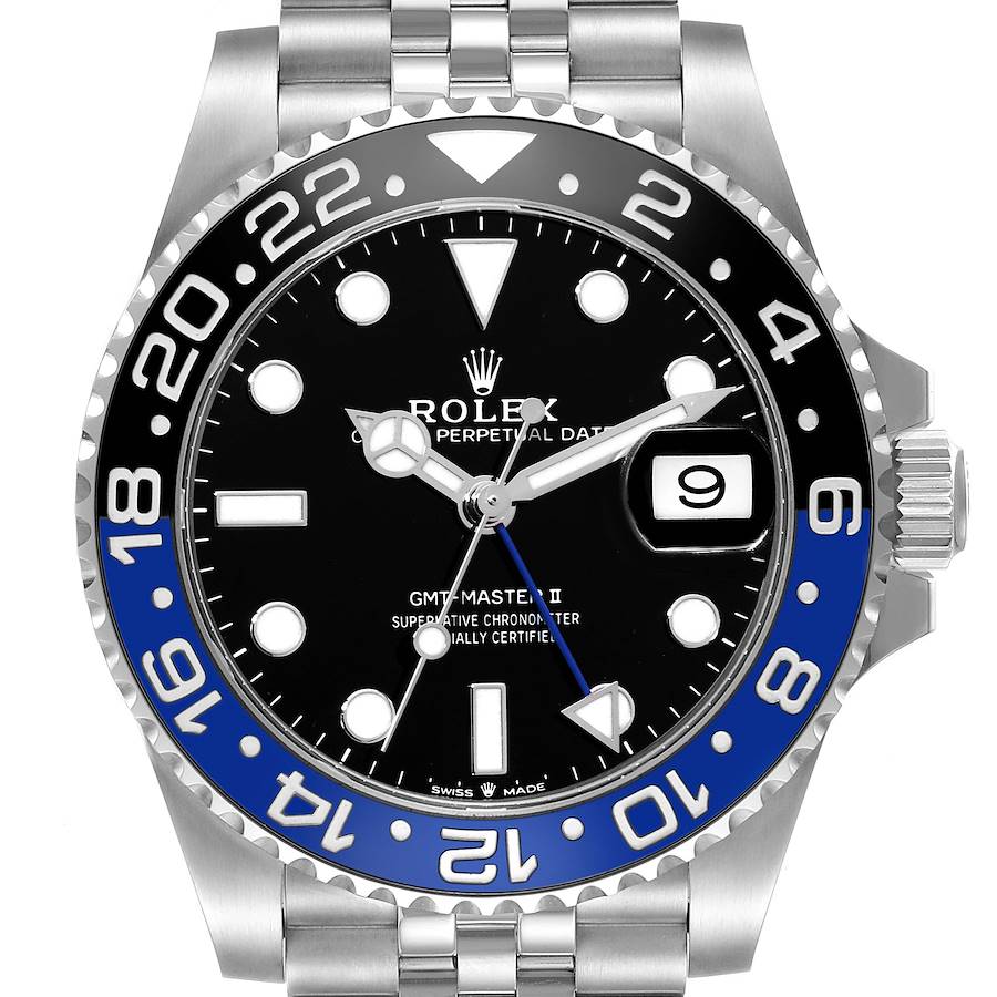 The image shows a front view of a Rolex GMT-Master II watch, highlighting the bezel, dial, hands, date, and part of the bracelet.