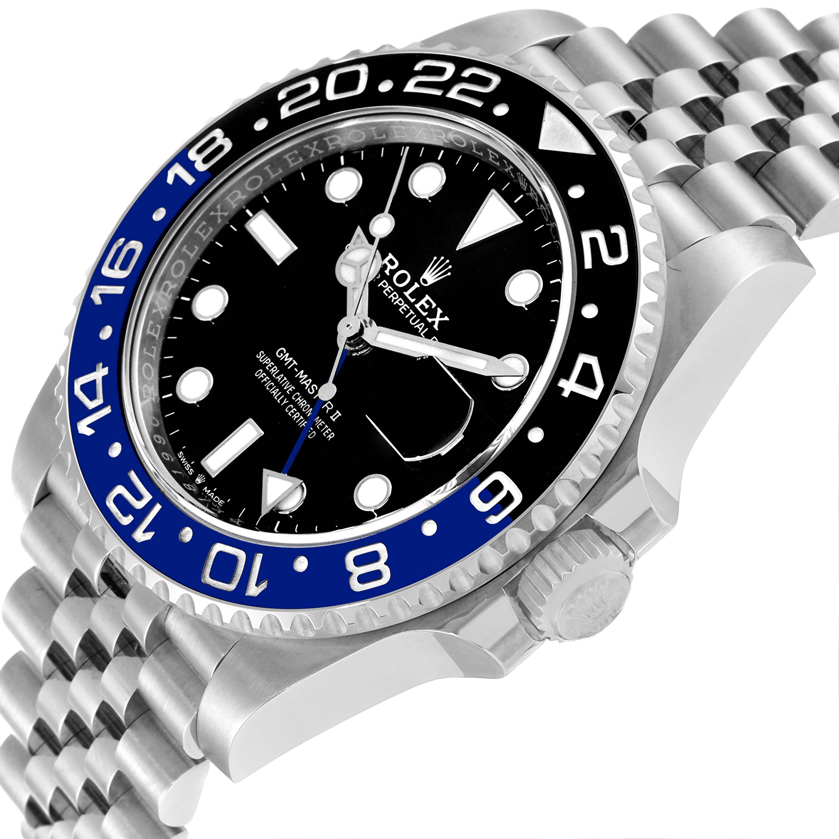 The image shows an angled view of a Rolex GMT-Master 126710 Men
s Stainless Steel Black Dial 126710 Men
s Stainless Steel Black Dial II watch, highlighting the face, bezel, crown, and bracelet.