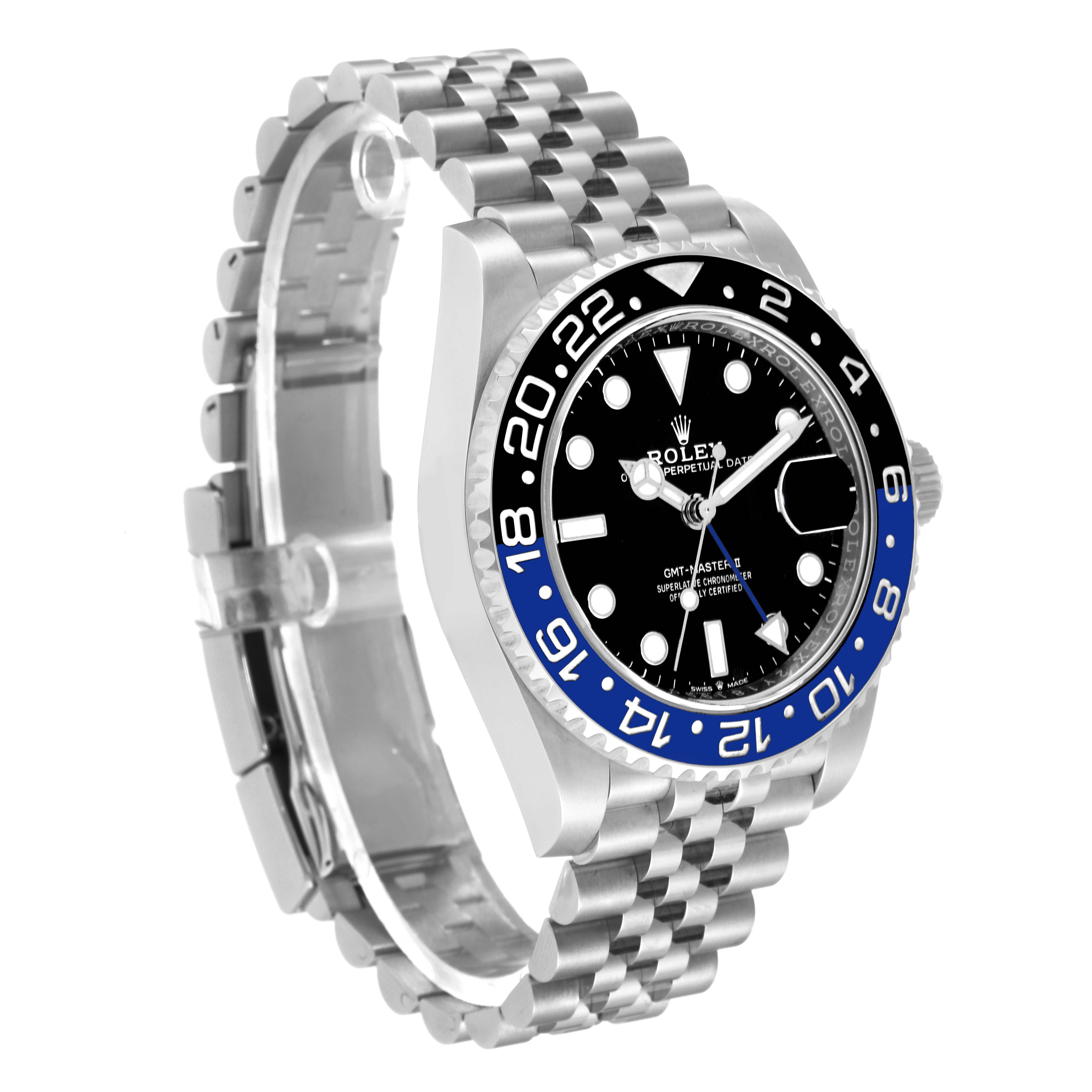 This image shows a Rolex GMT-Master 126710 Men
s Stainless Steel Black Dial 126710 Men
s Stainless Steel Black Dial watch at an angle that highlights the face, bezel, crown, and bracelet.
