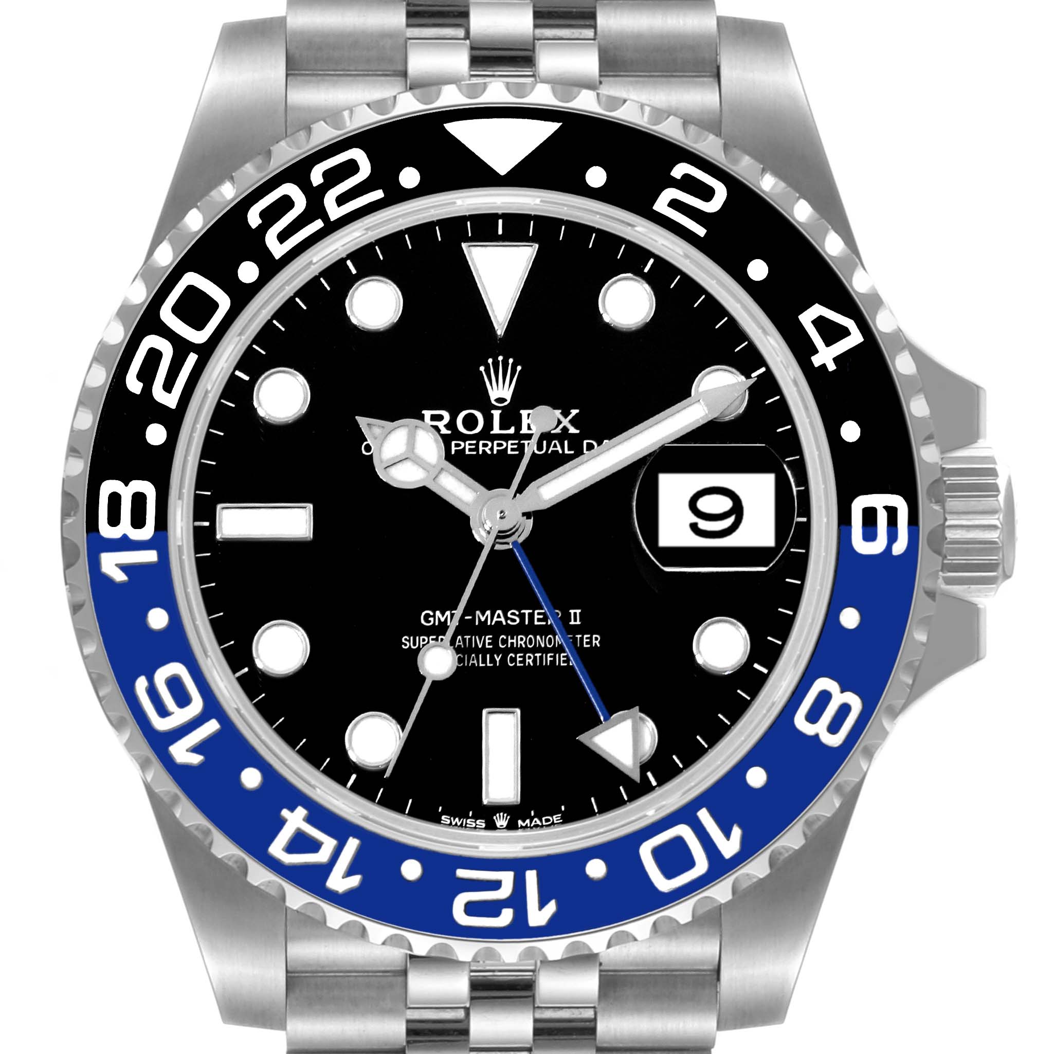 This is a front view of a Rolex GMT-Master 126710 Men
s Stainless Steel Black Dial 126710 Men
s Stainless Steel Black Dial II watch, showcasing its dial, bezel, and part of the bracelet.