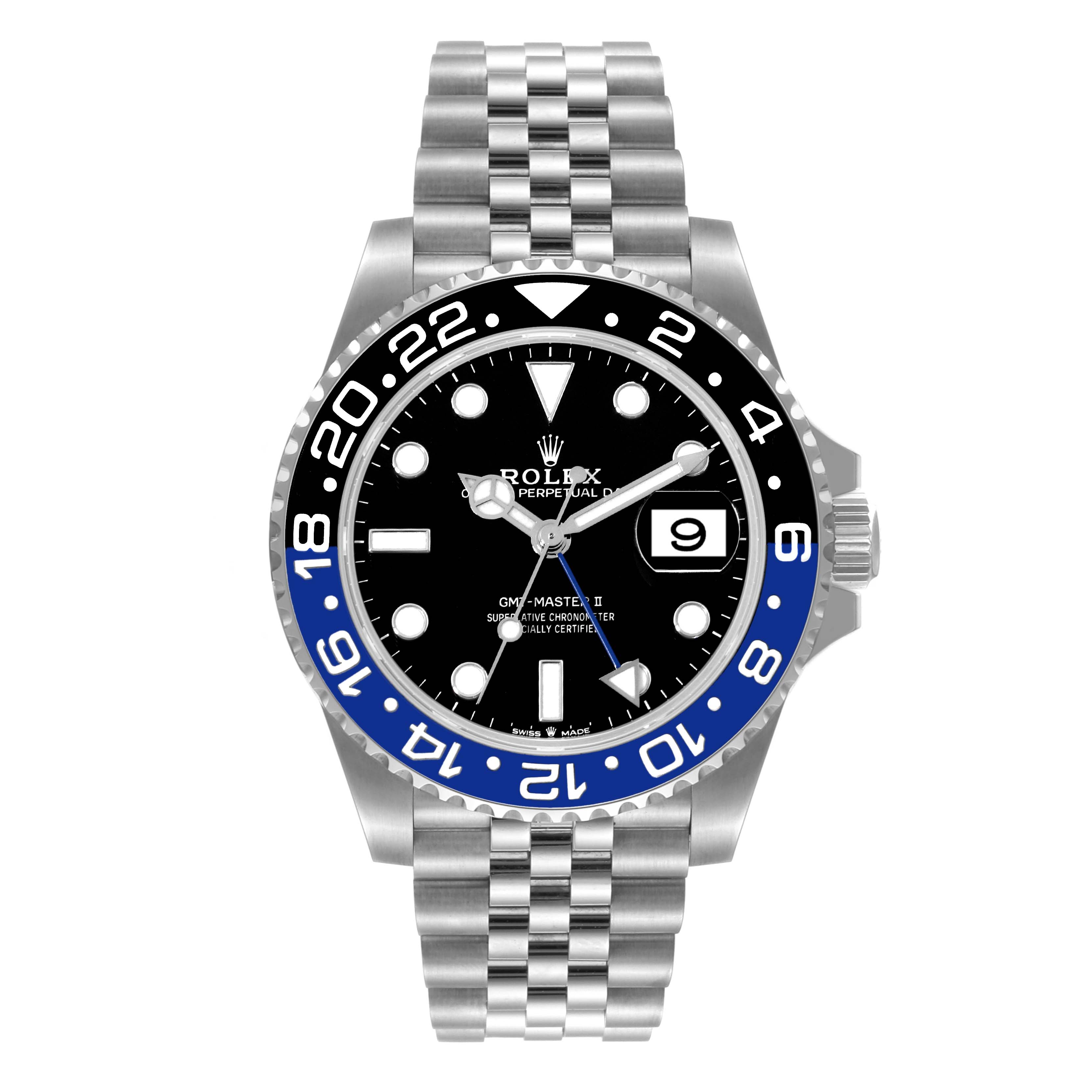 The image shows a front view of the Rolex GMT-Master 126710 Men
s Stainless Steel Black Dial 126710 Men
s Stainless Steel Black Dial II watch with a black dial, blue and black bezel, and silver bracelet.