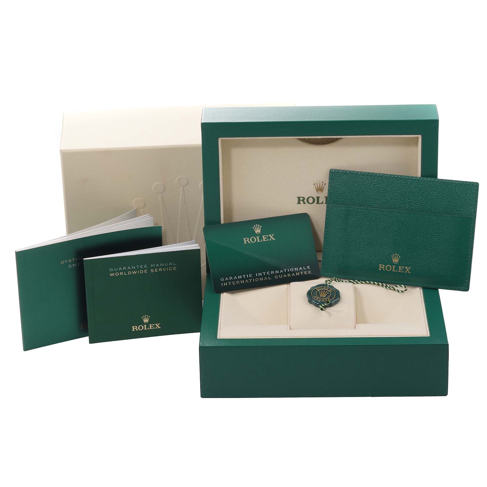 The image shows the packaging, warranty cards, manual, and tags for the Rolex GMT-Master 126710 Men
s Stainless Steel Black Dial 126710 Men
s Stainless Steel Black Dial watch model.