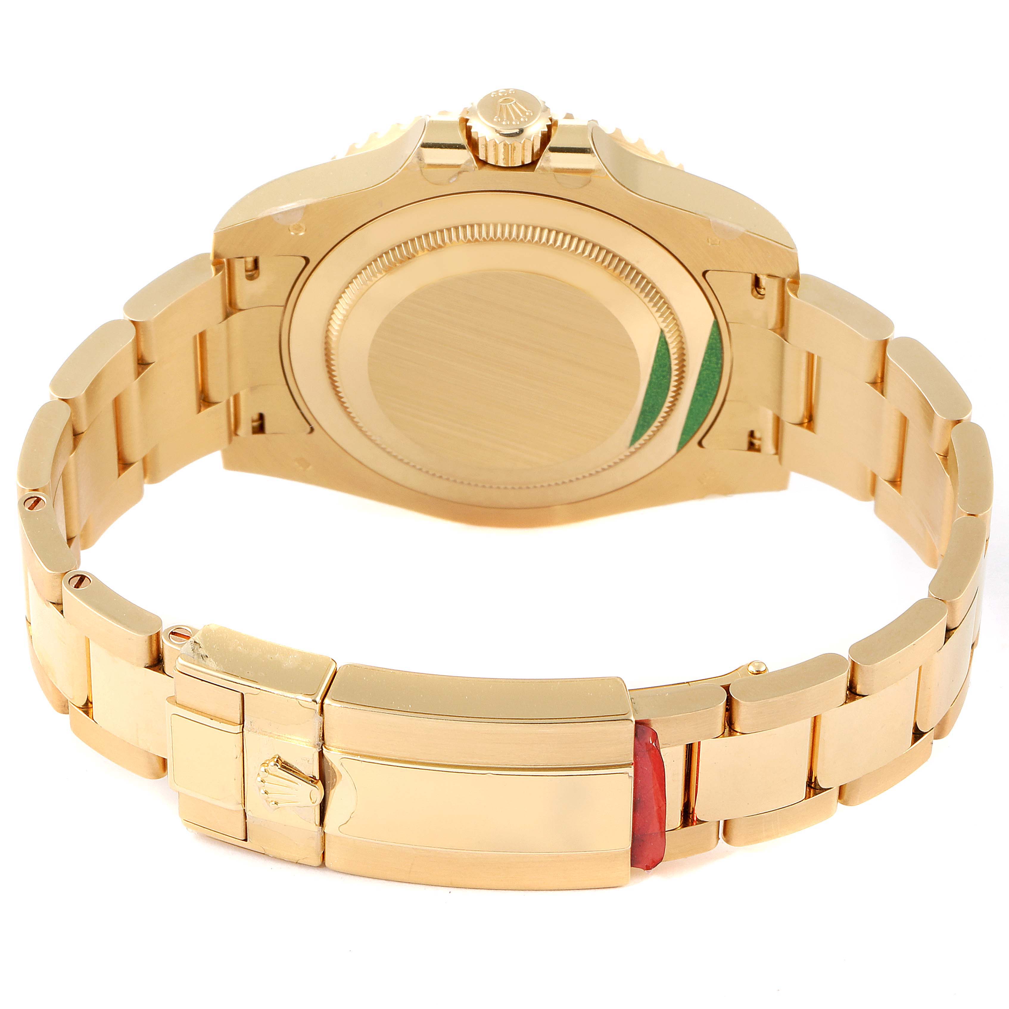 This image shows the back case and bracelet clasp of a Rolex GMT-Master 116718LN Men's Yellow Gold Green Dial 116718LN Men's Yellow Gold Green Dial watch from a rear angle.