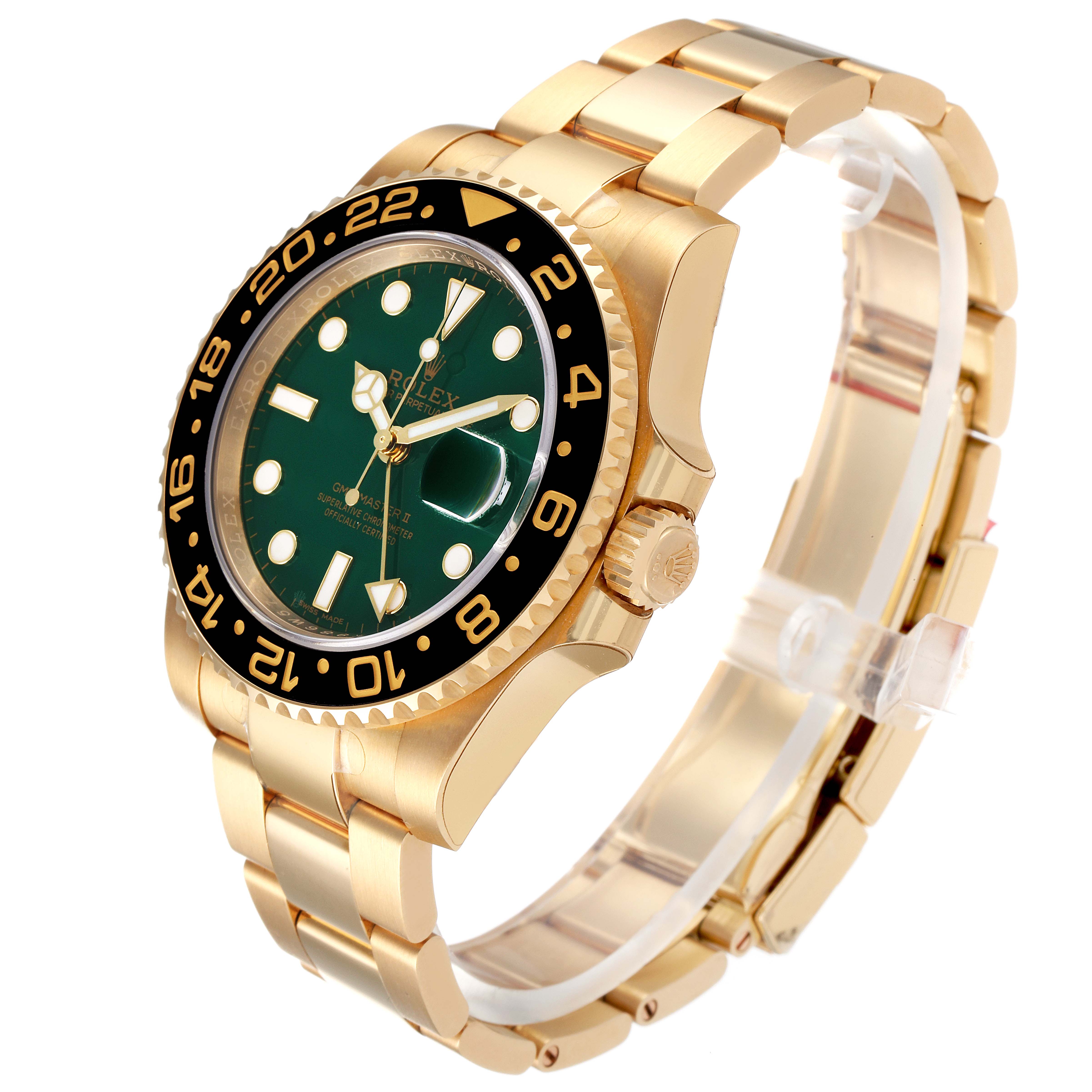 This image shows a Rolex GMT-Master 116718LN Men's Yellow Gold Green Dial 116718LN Men's Yellow Gold Green Dial watch at a slight angle, displaying its green dial, black bezel, and gold bracelet.