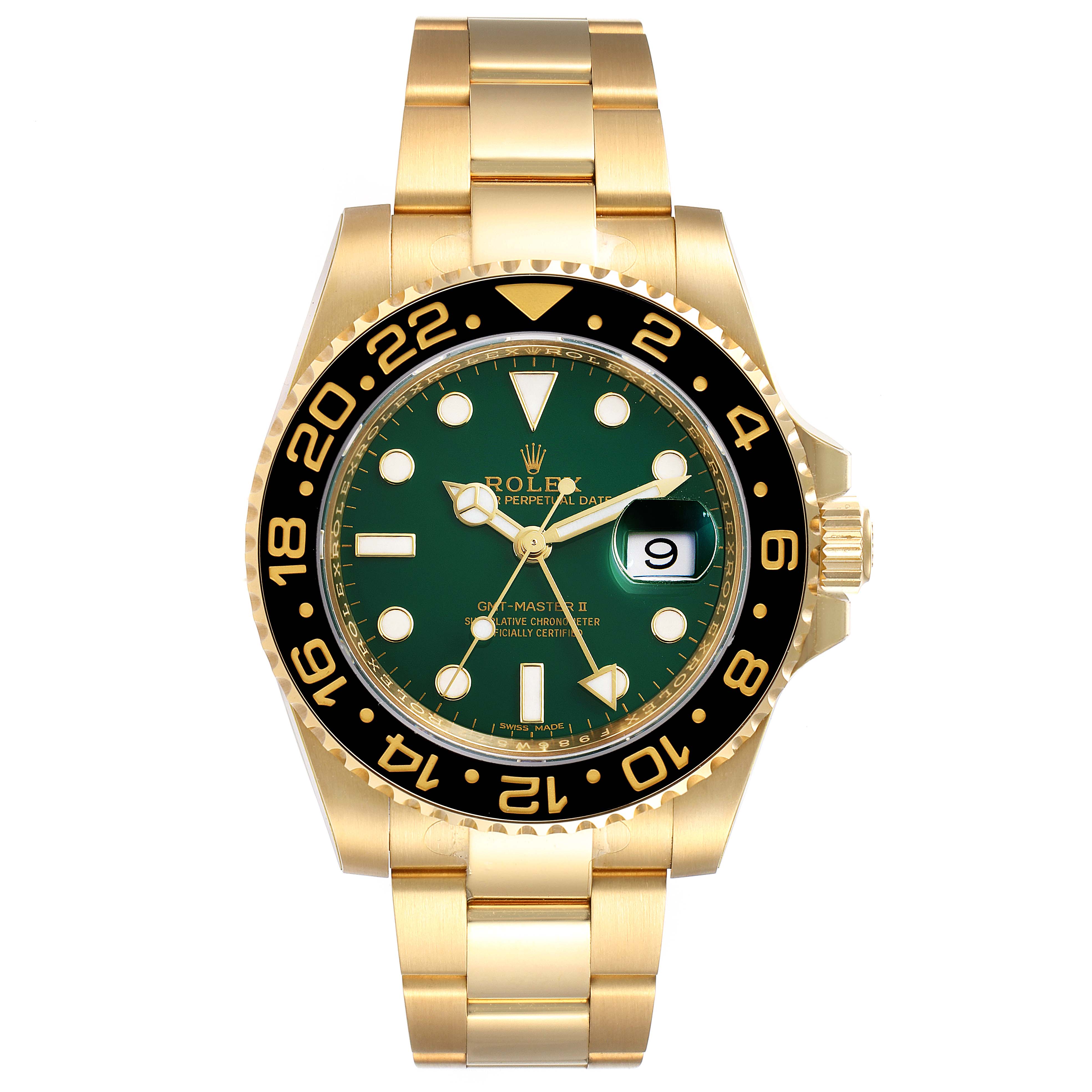 The image shows a front view of a Rolex GMT-Master 116718LN Men's Yellow Gold Green Dial 116718LN Men's Yellow Gold Green Dial watch, highlighting the face, bezel, case, and bracelet.