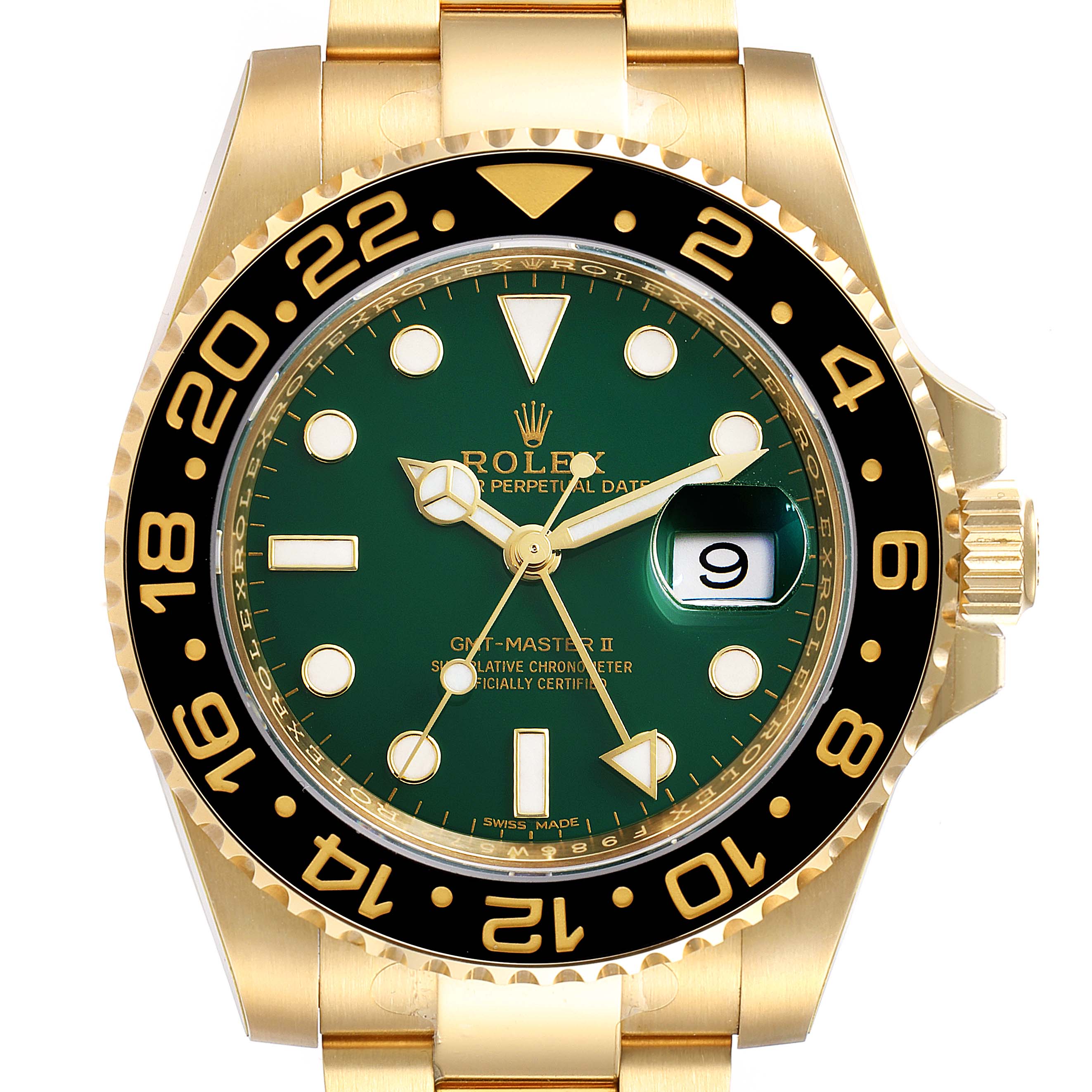 The image shows a top-down view of a Rolex GMT-Master 116718LN Men's Yellow Gold Green Dial 116718LN Men's Yellow Gold Green Dial II watch, highlighting its green dial, gold bracelet, and black bezel.