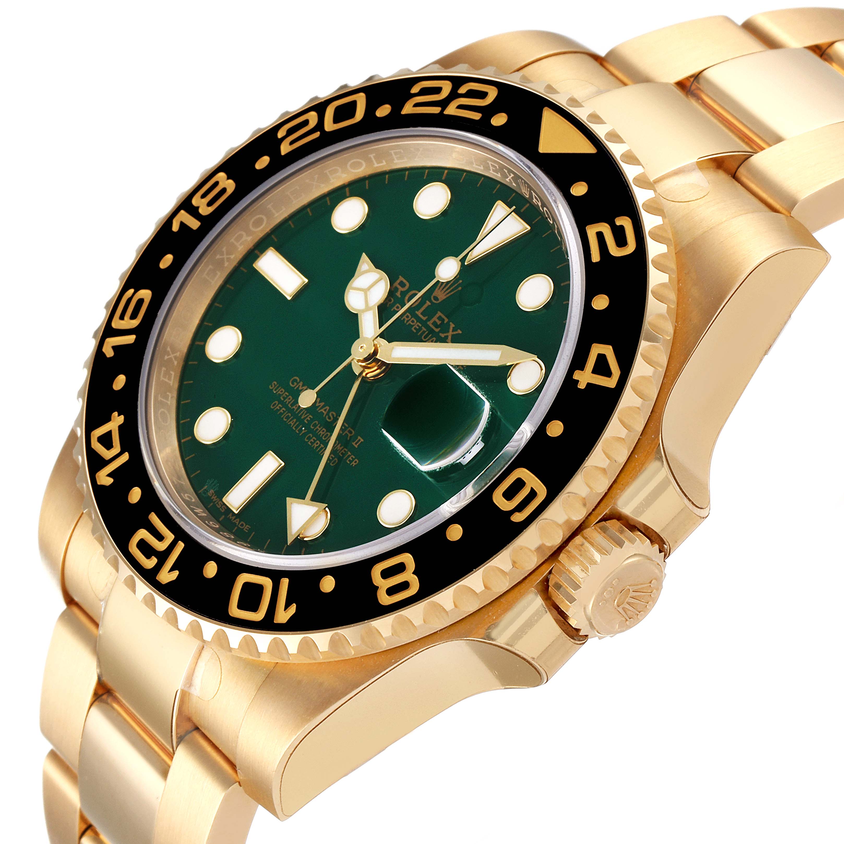 The image shows a Rolex GMT-Master 116718LN Men's Yellow Gold Green Dial 116718LN Men's Yellow Gold Green Dial watch from an angled perspective, highlighting its green dial, crown, bezel, and gold bracelet.