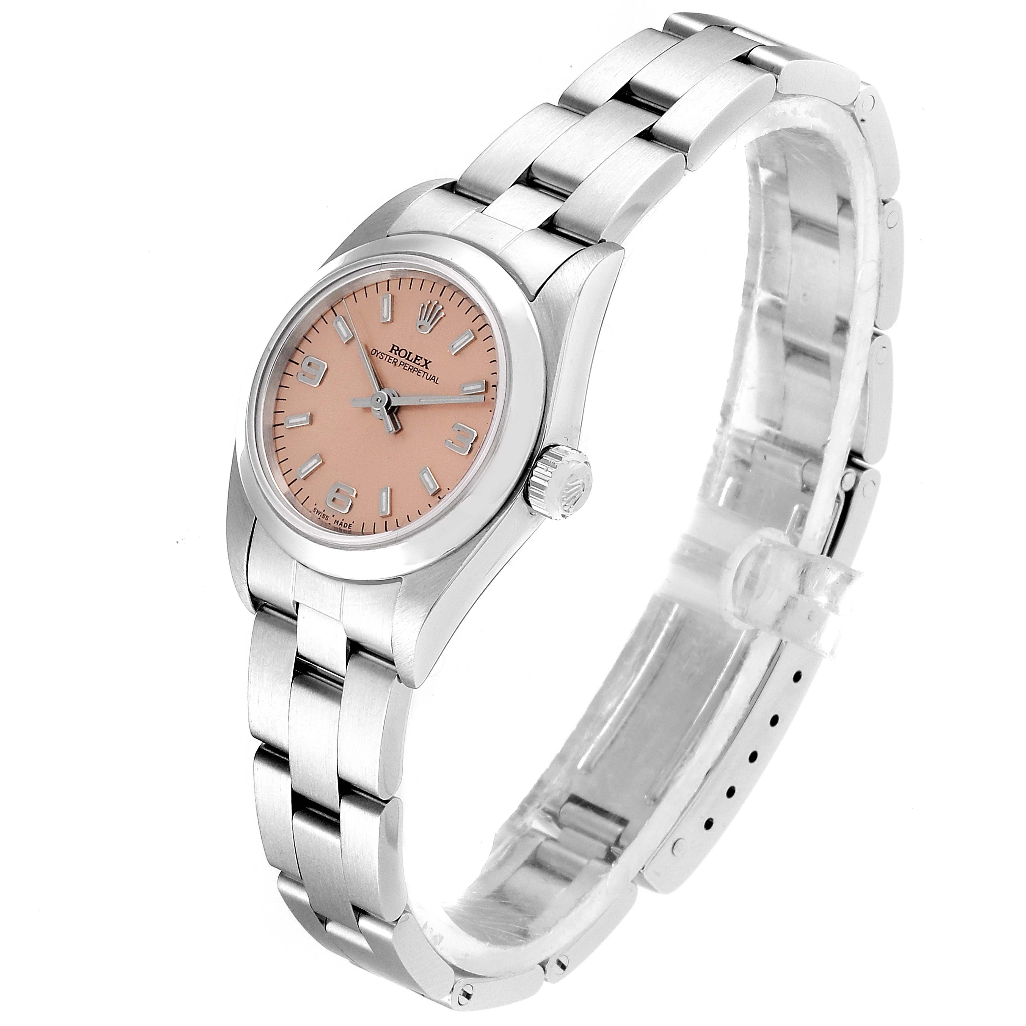 This Rolex Oyster Perpetual 76080 Women's Stainless Steel Pink Dial 76080 Women's Stainless Steel Pink Dial watch is shown at a side angle highlighting its dial, bracelet, and clasp.